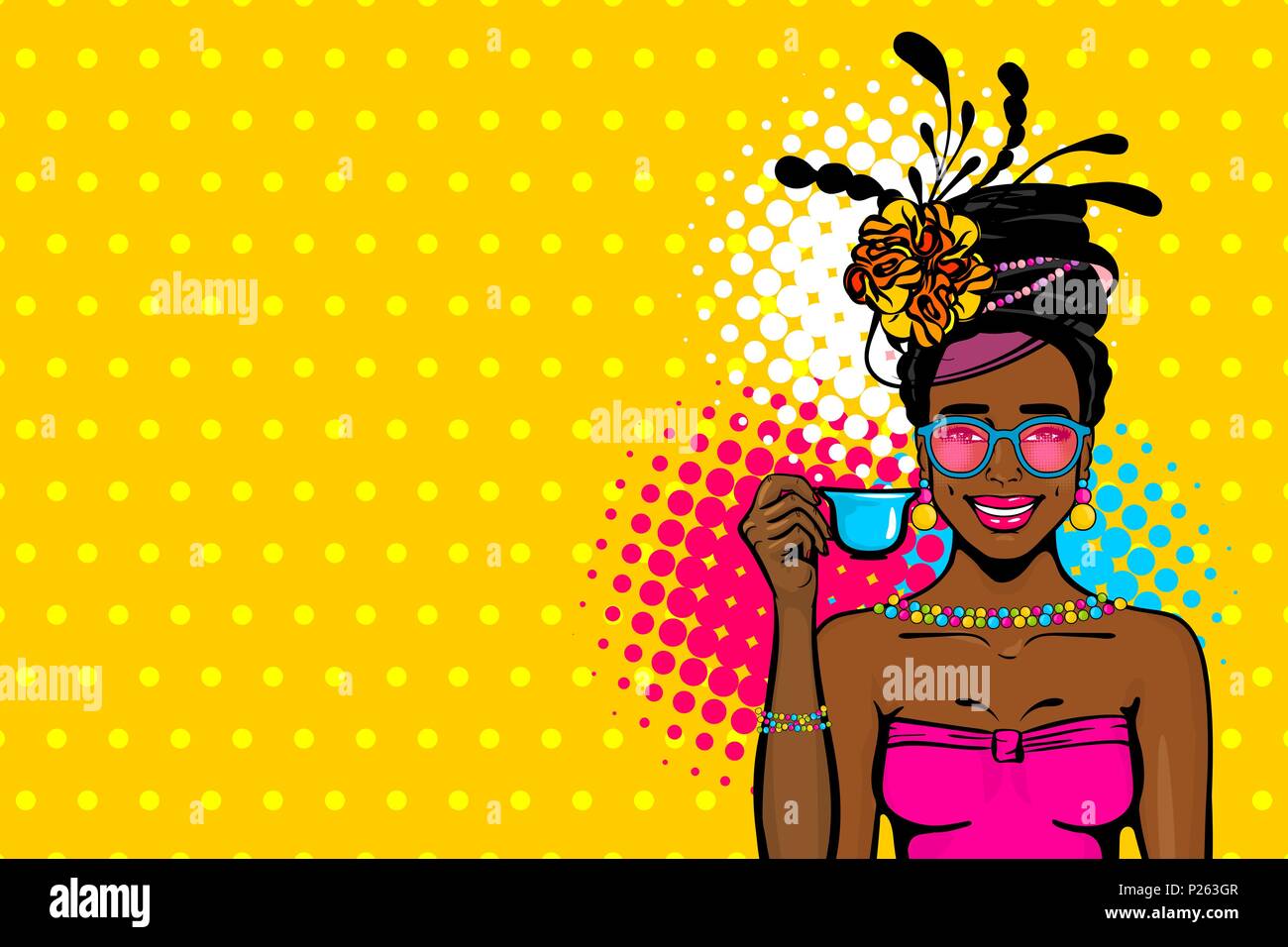 Black afro giovane donna pop art. Elegantemente vestito in una bella retrò hat e abiti alla moda sorge e beve il tè. Illustrazione Vettoriale