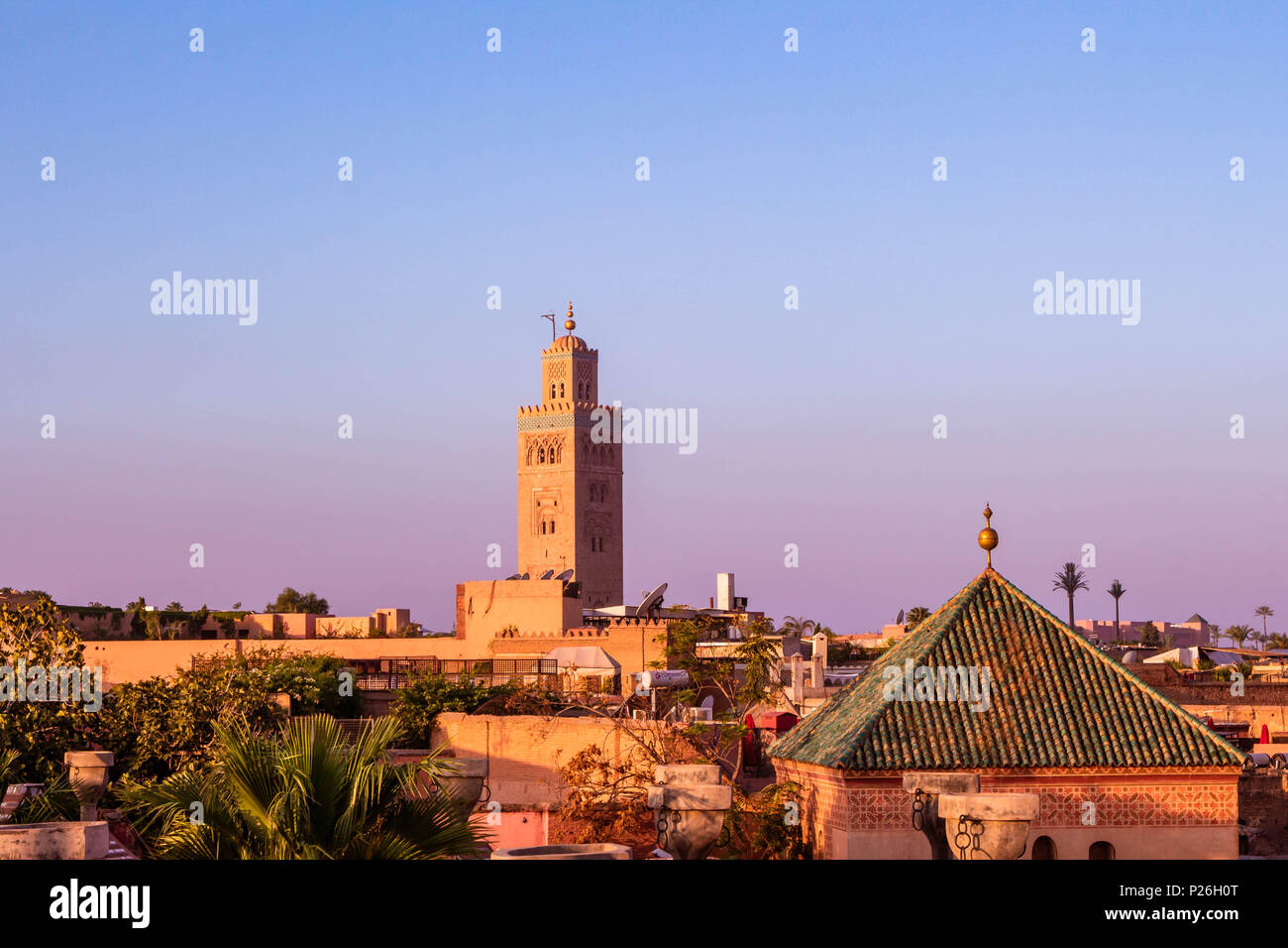 Marrakech Moschea Koutoubia Alba in Marocco Foto Stock