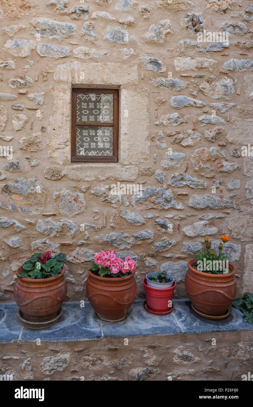Monemvasia, Grecia: argilla fioriere sotto una finestra nel muro di pietra di stile Veneziano di casa nella città medievale di Monemvasia (fondata nel 583). Foto Stock