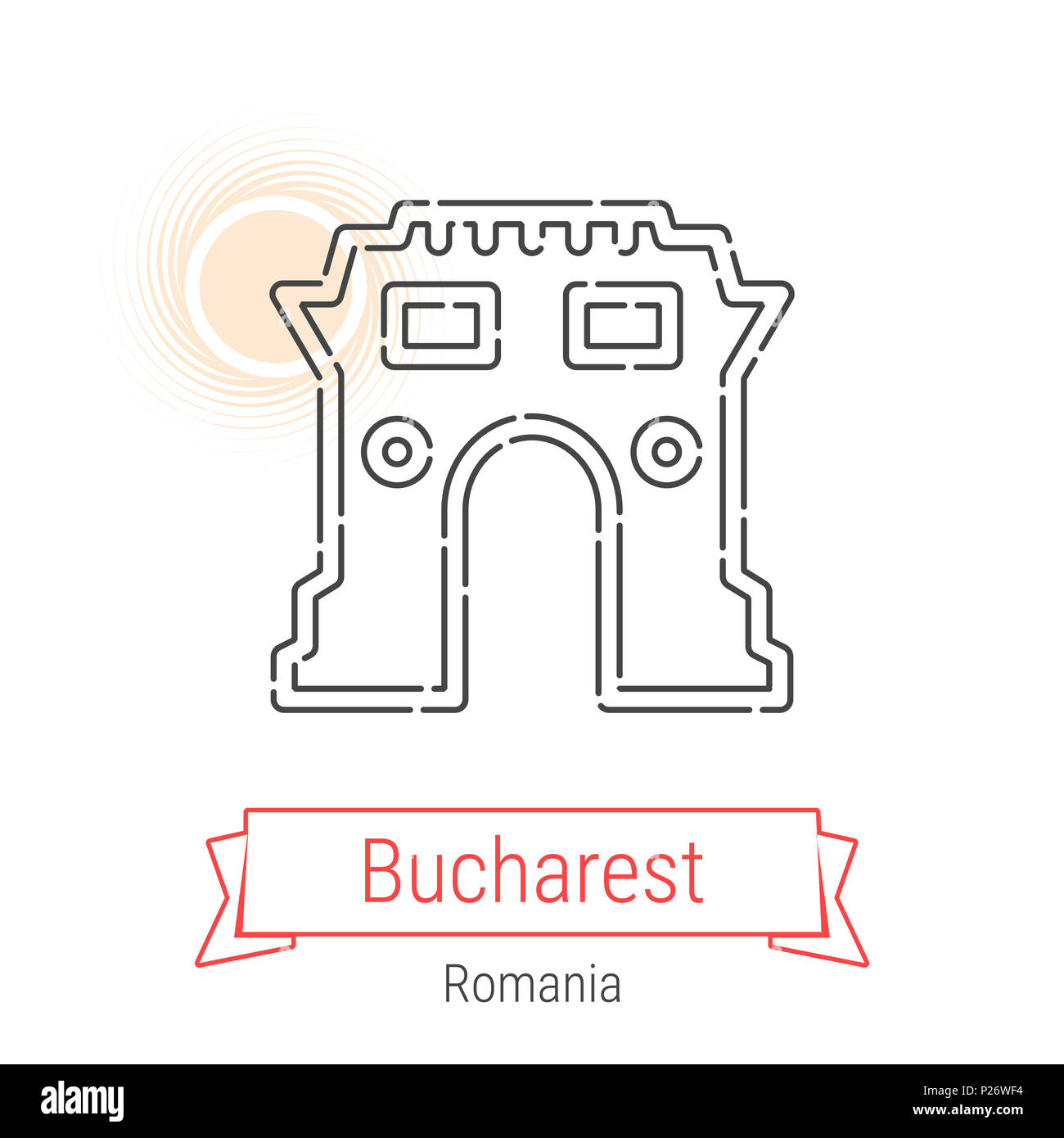 Bucarest, Romania Icona Linea con nastro rosso isolato su bianco. Punto di riferimento di Bucarest - Emblema - Stampa - Etichetta - Simbolo. Bucarest Arco Trionfale Pictogr Foto Stock