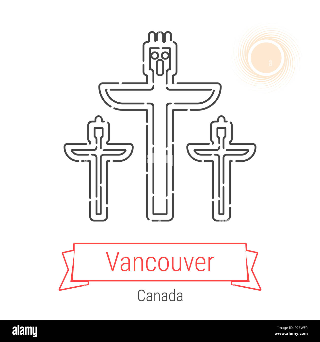 Vancouver, Canada Line Icona con nastro rosso isolato su bianco. Punto di riferimento di Vancouver - Emblema - Stampa - Etichetta - Simbolo. Totem pittogramma. Mondo Citi Foto Stock
