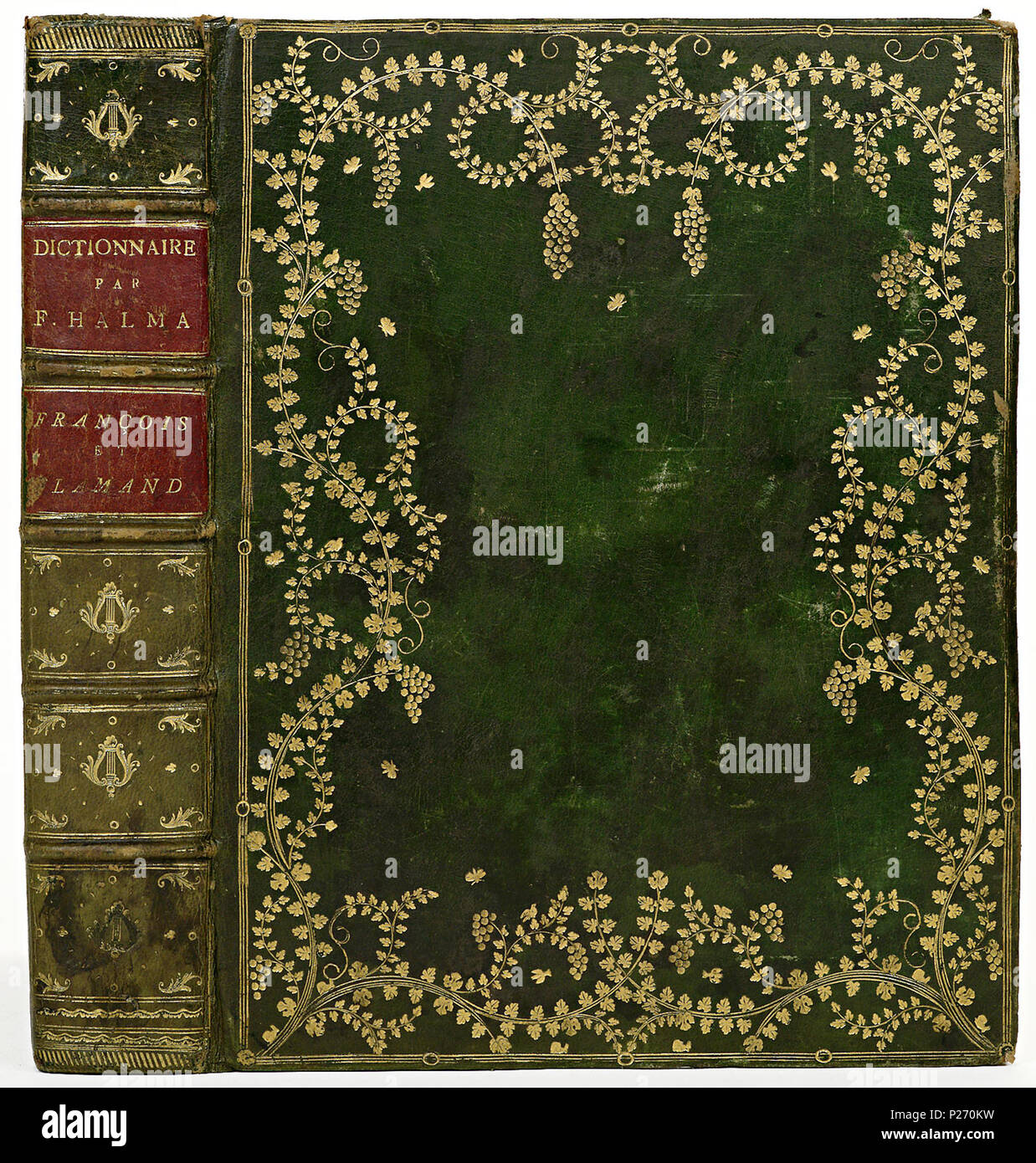 . Band van groen marokijn . Nederlands: Inhoud: Frnaçois Halma. le grand dictionnaire François & Flamand ... het groot Fransch en Nederduitsch woordenboek. Zesde druk ... vermeerderd ... 'S Hage en Leiden, bij J. Thierry & C. Mensing, P. van der Eyk & D. Vygh, 1781. 2 vol. 4a. Gr. pap. . 1781-1783; 28 Band van groen marokijn-KONB12-653D14 Foto Stock