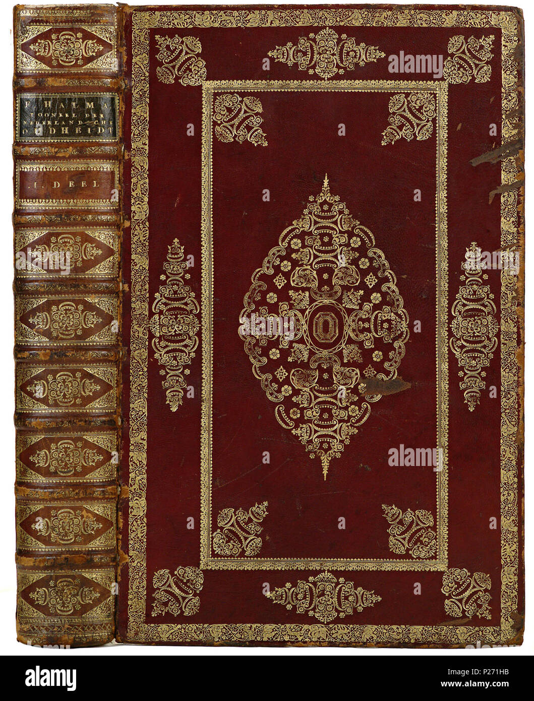 . Band van bruinkarmijn marokijn . Nederlands: Inhoud: François Halma. Tooneel der Vereenigde Nederlanden ... Na deszelfs overlyden vervolgt porta Brouërius Matthaeus van Nidek. Te Leeuwarden, Gedrukt da Hendrik Halma, 1725. 2 vol. Fol. Gr. pap. . 1725; 27 Band van bruinkarmijn marokijn-KONB12-138A1 Foto Stock