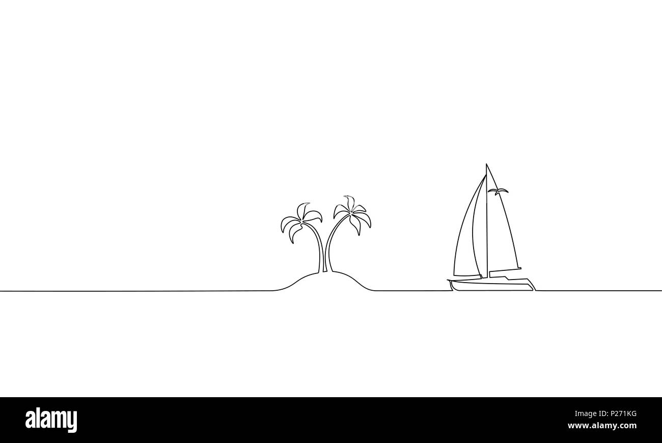 Unica e continua una linea tecnica ocean travel vacation. Viaggio sul mare vacanze isola tropicale nave yacht luxury isola palm tree viaggio concept design schizzo schizzo illustrazione vettoriale Illustrazione Vettoriale