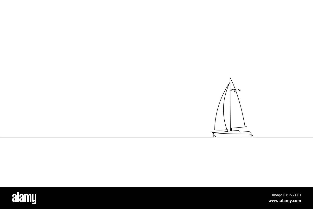 Unica e continua una linea tecnica ocean travel vacation. Viaggio sul mare vacanze isola tropicale nave yacht Viaggio di lusso concept design schizzo schizzo illustrazione vettoriale Illustrazione Vettoriale