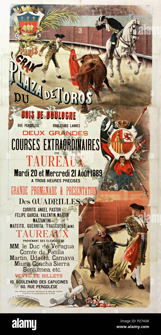 . Inglese: due grandi gare di Bull, il Bois de Boulogne, Parigi. Il 20 e 21 agosto 1889. Colore lithogr., 131 x 100 cm. Français : Bois de Boulogne... Deux grandes courses extraordinaires de taureaux... 20 et 21 août 1889... : [Affiche] / [R. Esteban] ; [P. Perea]. lithogr. en coul. ; 131 x 100 cm. 1889. Esteban, R. & Perea, pag. 81 Deux grandes courses extraordinaires de taureaux Foto Stock