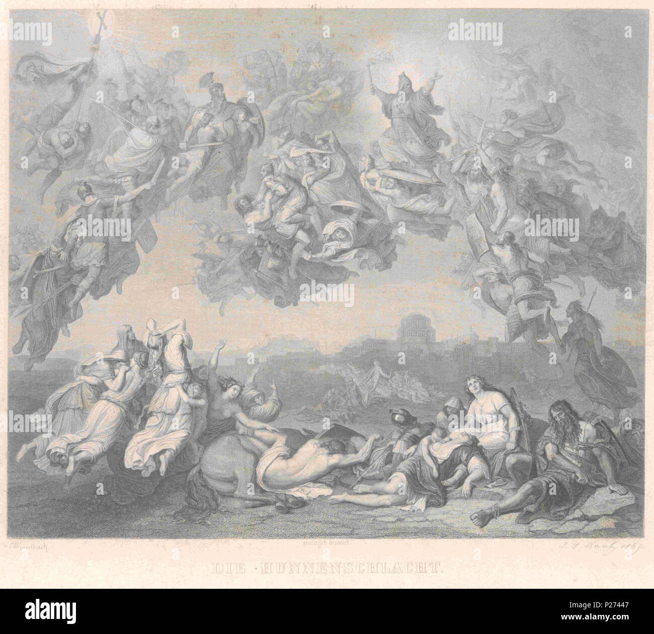. Inglese: scansione di una incisione in acciaio di Wilhelm von Kaulbach Die Hunnenschlacht Deutsch: Kupferstich von Raab nach Wilhelm von Kaulbach Die Hunnenschlacht . 1869. Incisione: J.L. Raab; verniciatura: Wilhelm von Kaulbach (1805-74) 82 Die Hunnenschlacht Raab nach Wilhelm von Kaulbach Foto Stock
