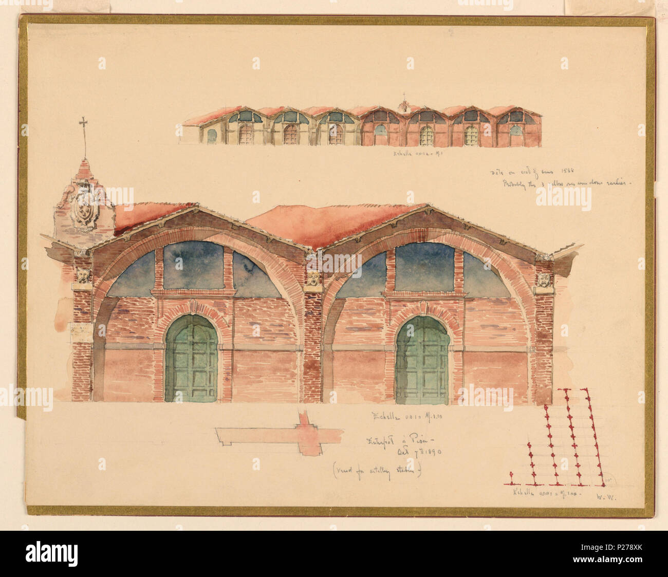 . Inglese: disegno, un magazzino del XVI secolo in Pisa, Italia, 7 ottobre 1890 . Inglese: sopra, vista in elevazione di una leggermente, obliquamente disposti uno in piani di otto campate, cinque delle quali contengono delle porte; centro, elevazione di due degli alloggiamenti di mattoni; un piedistallo con lo stemma dei Medici sorge su una lesena a sinistra; al di sotto di scala; sezione inferiore, un piano della parete accanto a una porta e di una parte del piano dell'edificio. . 7 Ottobre 1890 98 Disegno, un magazzino del XVI secolo in Pisa, Italia, 7 ottobre 1890 (CH) 18570613-2 Foto Stock