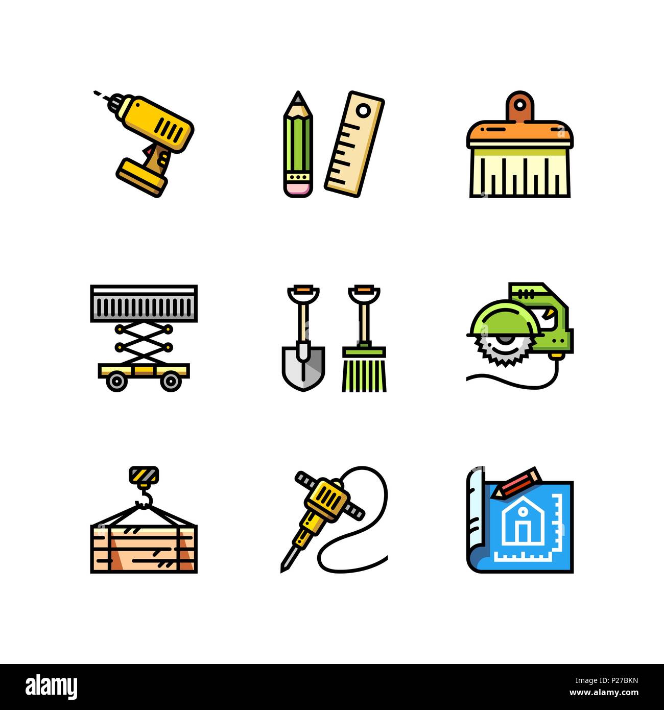 Costruzione e riparazione della casa strumenti semplice contorno icone colorate per il web e i dispositivi mobili serie 4 Illustrazione Vettoriale