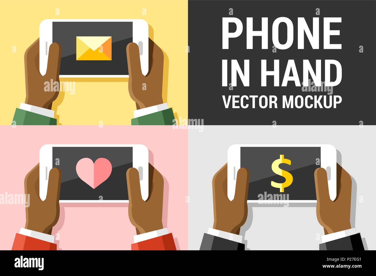 Telefono vettore mockup in mani umane sul colore di sfondo illustrazione set 2 Illustrazione Vettoriale