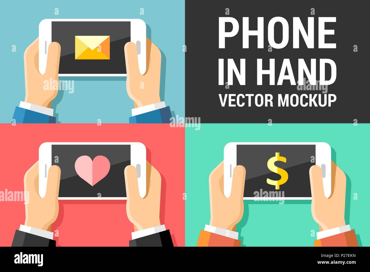 Telefono vettore mockup in mani umane sul colore di sfondo illustrazione set 1 Illustrazione Vettoriale