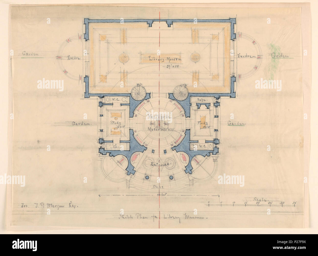 . Inglese: Disegno, piano, J.P Morgan Library Museum di New York, ca. 1900 . Inglese: piano di pavimento della Biblioteca Museo ad alto affiancato da exedrae e giardini; vestibolo, centro fiancheggiata da studi e giardini; ingresso e passi a fondo scala;, in basso a destra. Bordi incollato ad un foglio di supporto di carta. . Circa 1900 106 Disegno, piano, J.P Morgan Library Museum di New York, ca. 1900 (CH) 18570139 Foto Stock