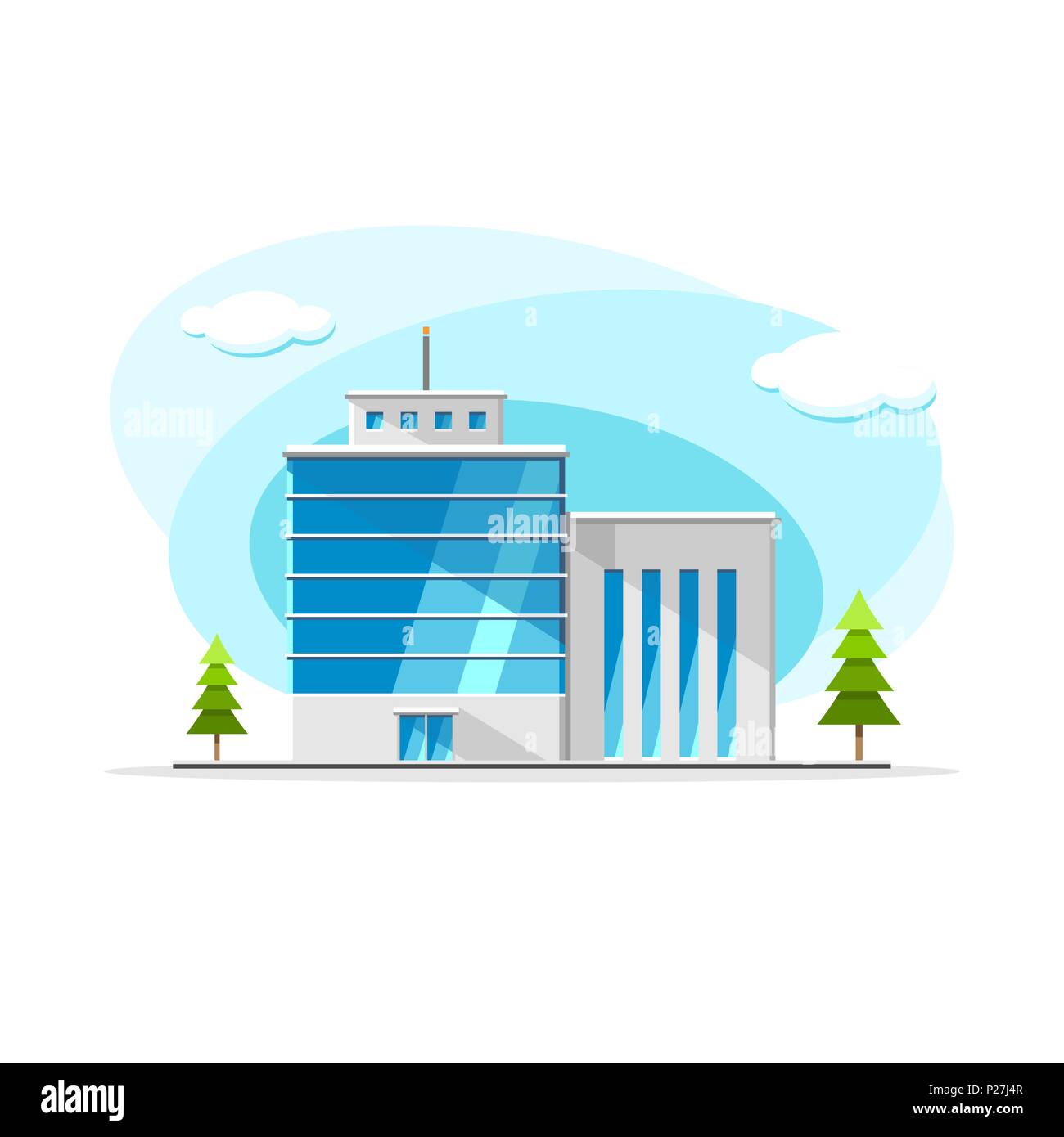 Vettore di piatto e moderno edificio di cemento e vetro illustrazione colorata. Casa di città, appartamento residenziale, oggetto isolato su sfondo bianco Illustrazione Vettoriale