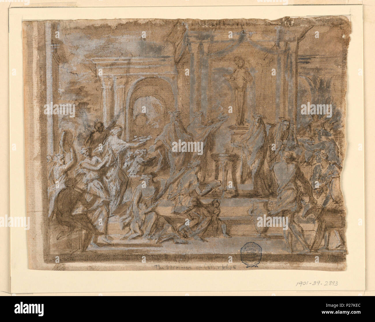 . Inglese: Disegno: Bozzetti: A. Un classico sacrificio. B. Dio Padre (Francia) . Inglese: rettangolo orizzontale. A) il piccolo altare si trova di fronte a un colonnato, nella cui parte centrale una statua si trova. Quattro sono preists accanto all altare. In primo piano sono a sinistra le donne con bambini e ragazze danza e un sacrificio di donna. Da destra arriva un uomo con una ram e altri offerenti. Inizio di un altro disegno a destra. Un frame è mostrata a sinistra e di seguito. La maggior parte di complementare è di colore marrone. Retromarcia: b) verticalmente al di sopra del: Dio Padre che volano sopra la terra. Di seguito: a sinistra: Crea Foto Stock