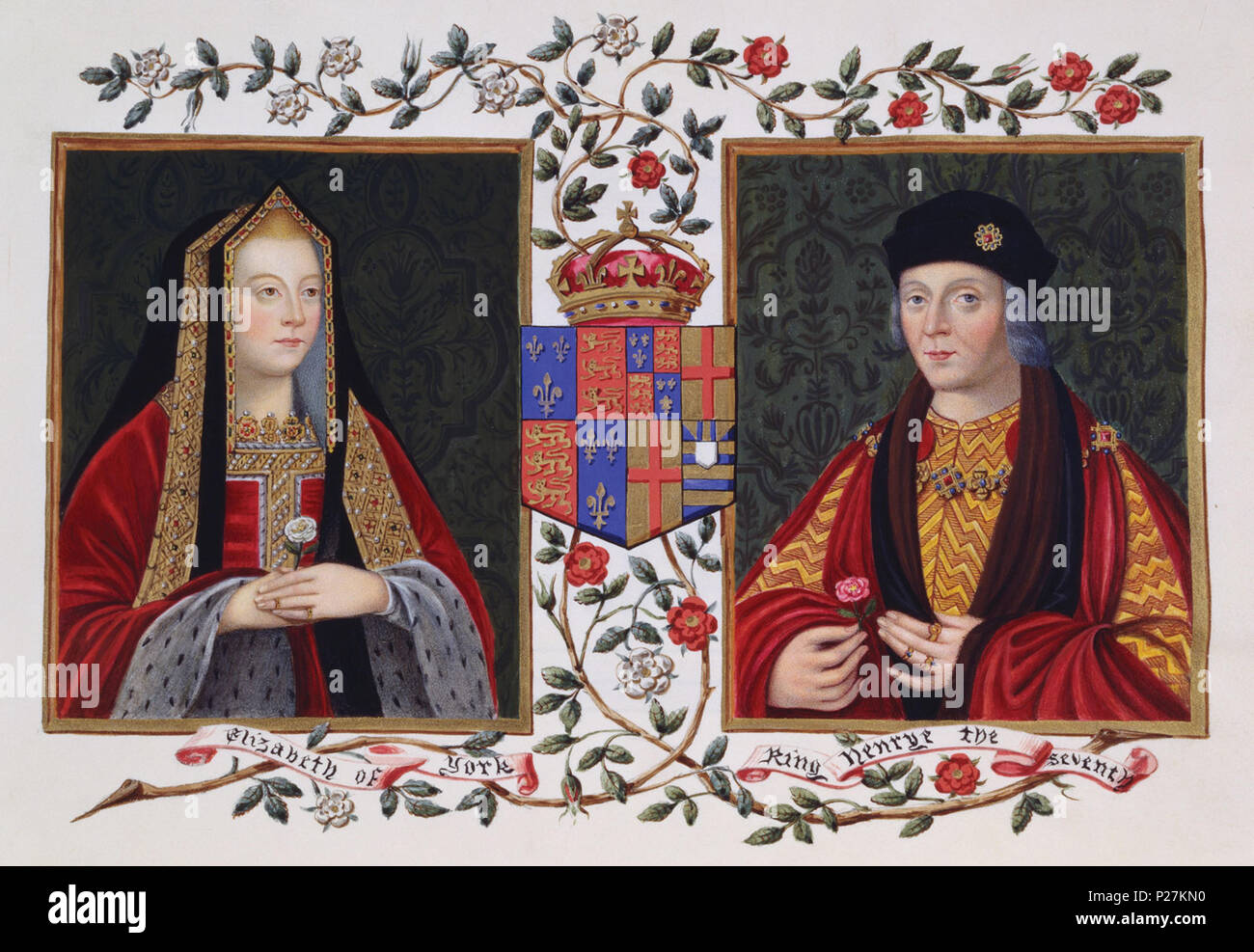 . Inglese: Doppio ritratto di Elisabetta di York e Henry VII tenendo la Rosa Bianca di York . circa 1825. Malden, Sarah, contessa di Essex (c. 1761-1838)[2][3] 116 Elizabeth e Henry Foto Stock