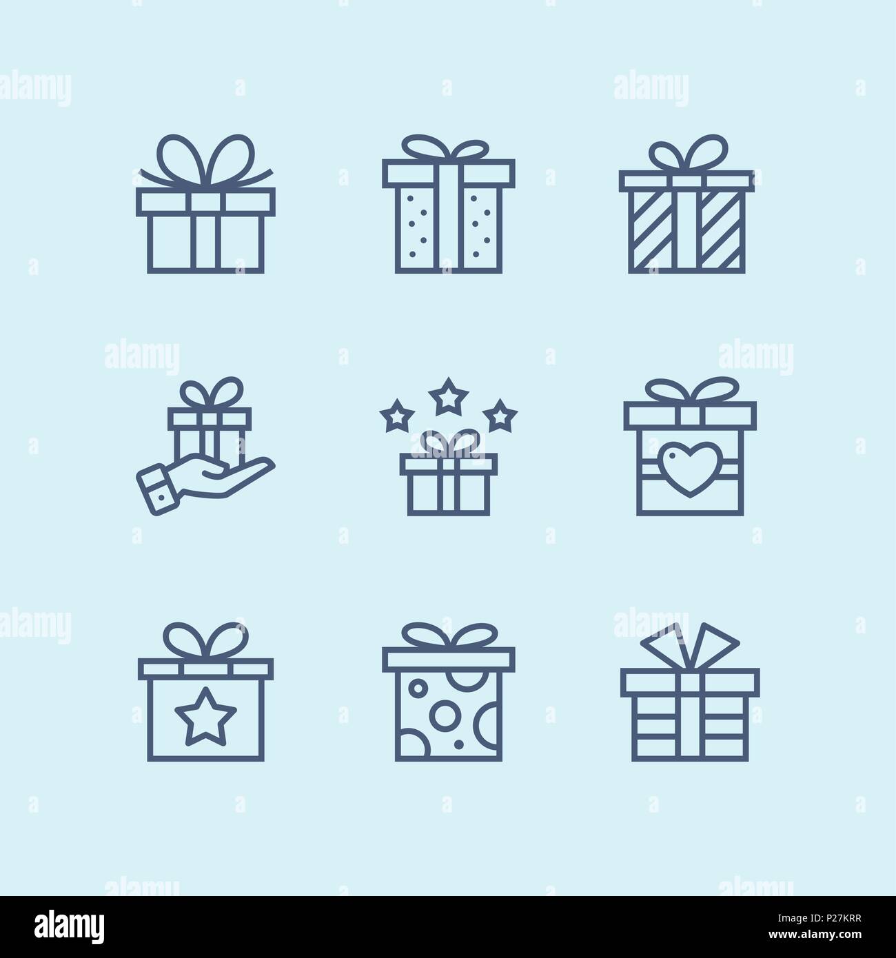 Dono di contorno, presente, sorpresa il vettore semplice contorno le icone per il web e i dispositivi mobili pack 1 Illustrazione Vettoriale