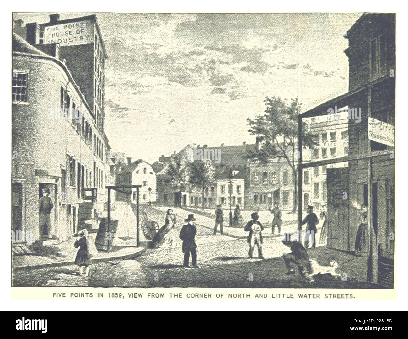 (Re1893NYC) PG044 cinque punti nel 1859, vista dall'angolo di Nord e poca acqua Street. Foto Stock