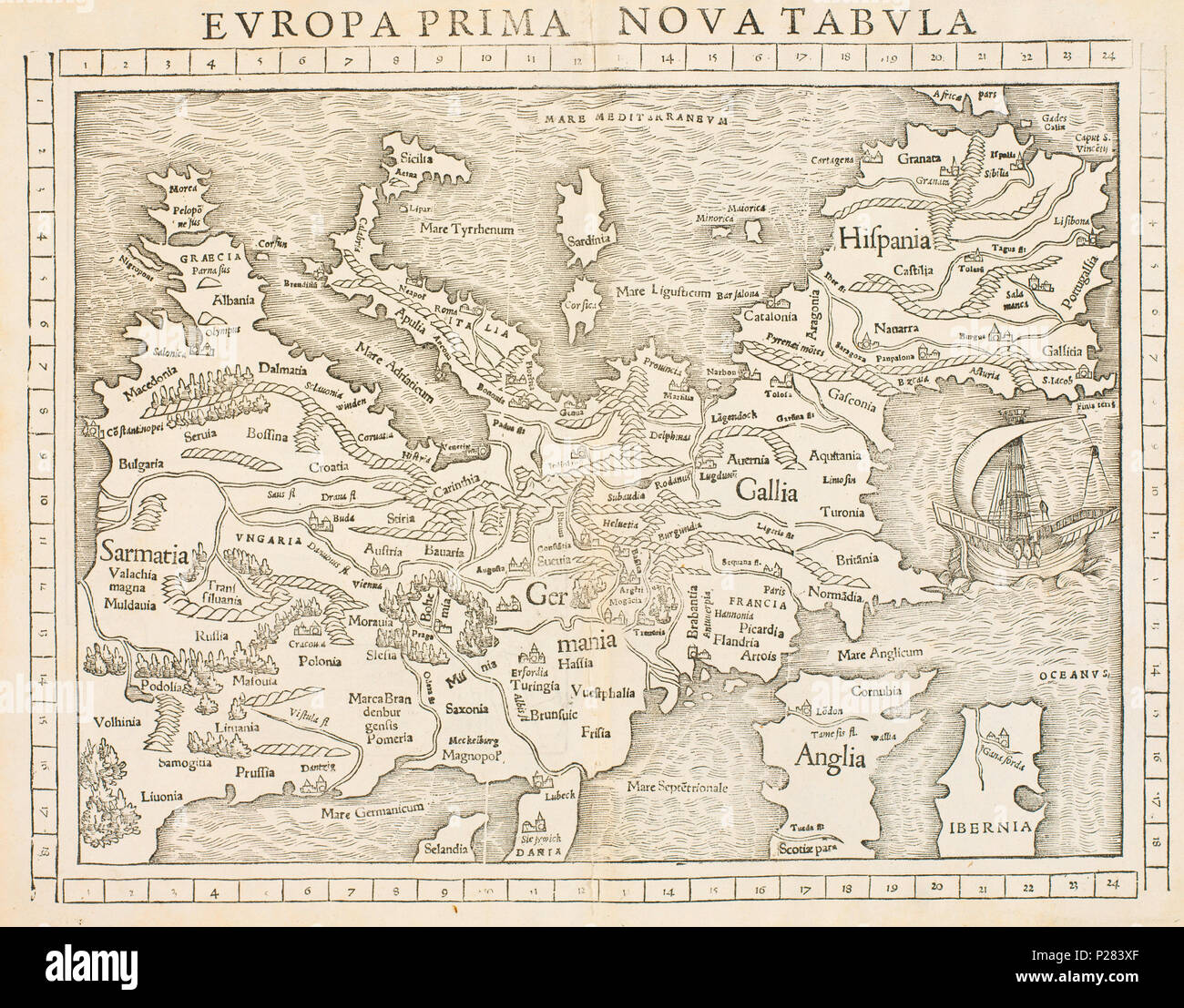 . Inglese: Europa: la prima nuova mappa Latina: Europa Prima Nova Tabula Norsk bokmål: Kart fra Nasjonalbibliotekets kartsamling. Kartet er gitt ut i (1552) og viser Europa. prima del 1552. Tolomeo 121 Europa Prima Nova Tabula - no-nb krt 00485 Foto Stock
