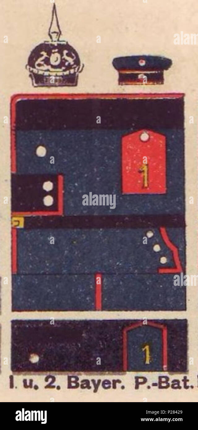 . Deutsch: Schematische Farbdarstellung der uniforme Königlich der Bayerischen 1.und 2. Pionier-Bataillone: Dunkelblauer Waffenrock mit roter Säumung und schwarzen Kragenpatten ohne Litzen; schwarze schwedische Ärmelaufschläge ohne Litzen; rote Schulterstücke, darauf die Bataillonsnummer in gelb; Pickelhaube mit silbernem bayerischen emblema. . 1890. Moritz Ruhl (tedesco litografo basato a Lipsia) 122 Farbschema der uniforme, Bayerisches Pionier-Bataillon Nr 1, 2, Die Uniformen der deutschen Armee, Ruhl, Tafel 19 Foto Stock