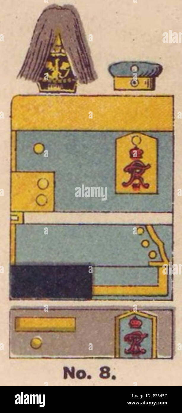 . Deutsch: Schematische Farbdarstellung der Uniformen des Dragoner-Regiments "König Friedrich III." (2. Schlesisches) Nr. 8. . 1890. Moritz Ruhl (tedesco litografo basato a Lipsia) 122 Farbschema der uniforme, Dragoner-Regiment Nr. 8, Die Uniformen der deutschen Armee, Ruhl, Tafel 12 Foto Stock