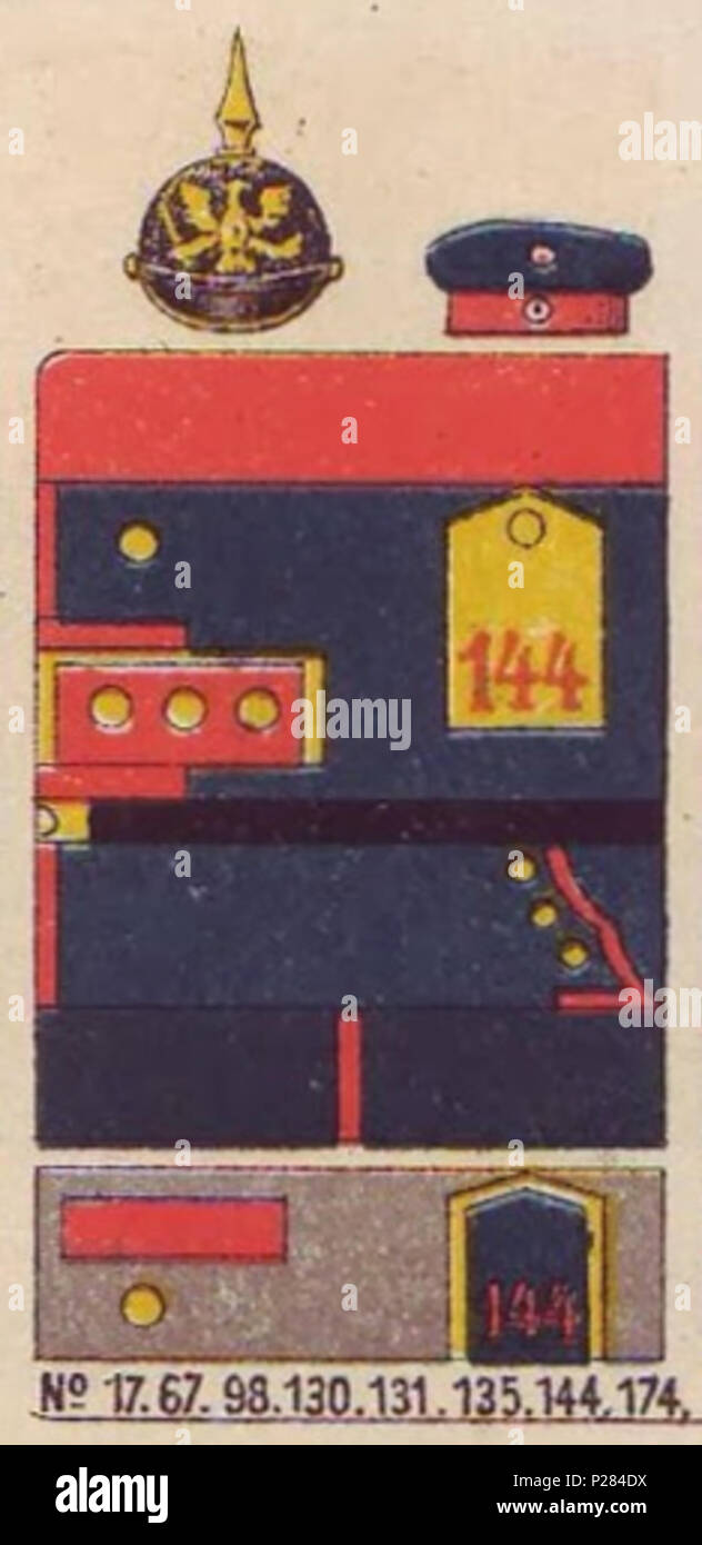 . Deutsch: Schematische Farbdarstellung der Uniformen der Lothringischen und in Lothringen stationierten Infanterie-Regimenter Nr. 17, 67, 98, 130, 131, 135, 144, 174. . 1890. Moritz Ruhl (tedesco litografo basato a Lipsia) 123 Farbschema der uniforme, Infanterie-Regimenter Nr. 17, 67, 98, 130, 131, 135, 144, 174, Die Uniformen der deutschen Armee, Ruhl, Tafel 9 Foto Stock