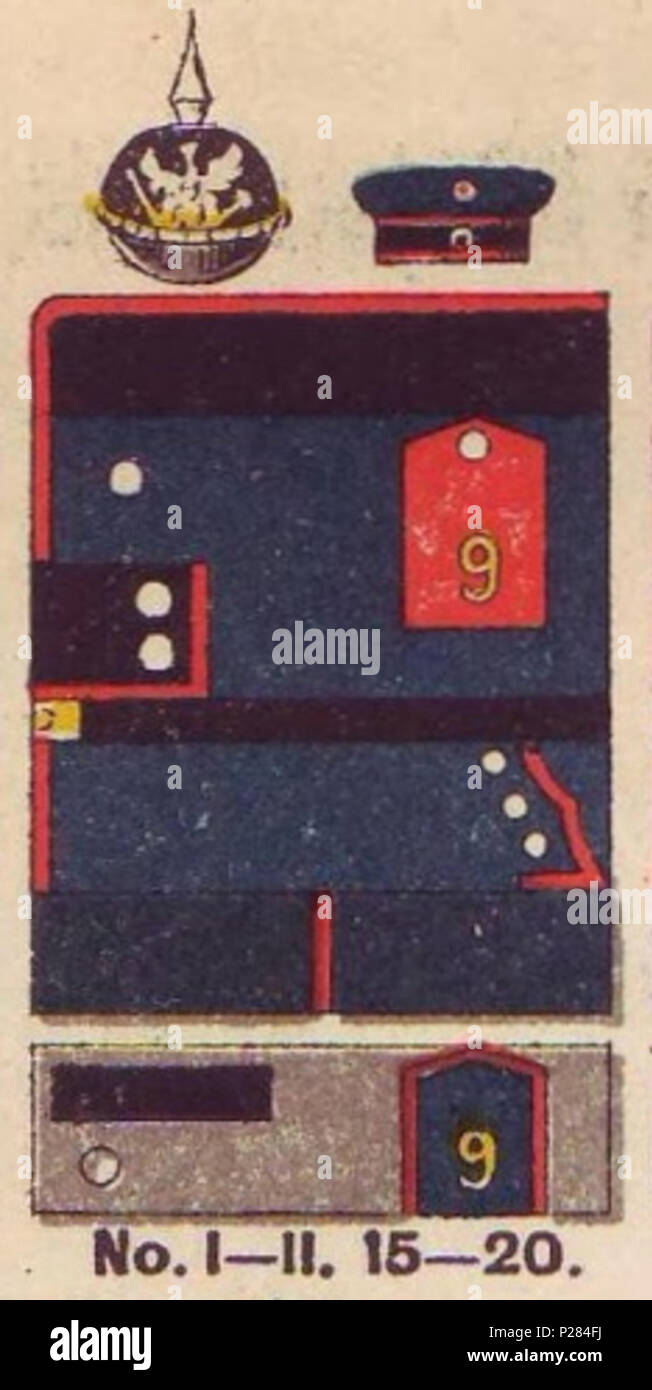 . Deutsch: Schematische Farbdarstellung der Uniformen der preußischen Pionier-Bataillone Nr. 1-11 und 15-20: Dunkelblauer Waffenrock mit roter Säumung und schwarzen Kragenpatten ohne Litzen; schwarze schwedische Ärmelaufschläge ohne Litzen; rote Schulterstücke, darauf die Bataillonsnummer in gelb; Pickelhaube mit silbernem Linien-Adler. . 1890. Moritz Ruhl (tedesco litografo basato a Lipsia) 123 Farbschema der uniforme, Pionier-Bataillon Nr 1-11, 15-20, Die Uniformen der deutschen Armee, Ruhl, Tafel 19 Foto Stock