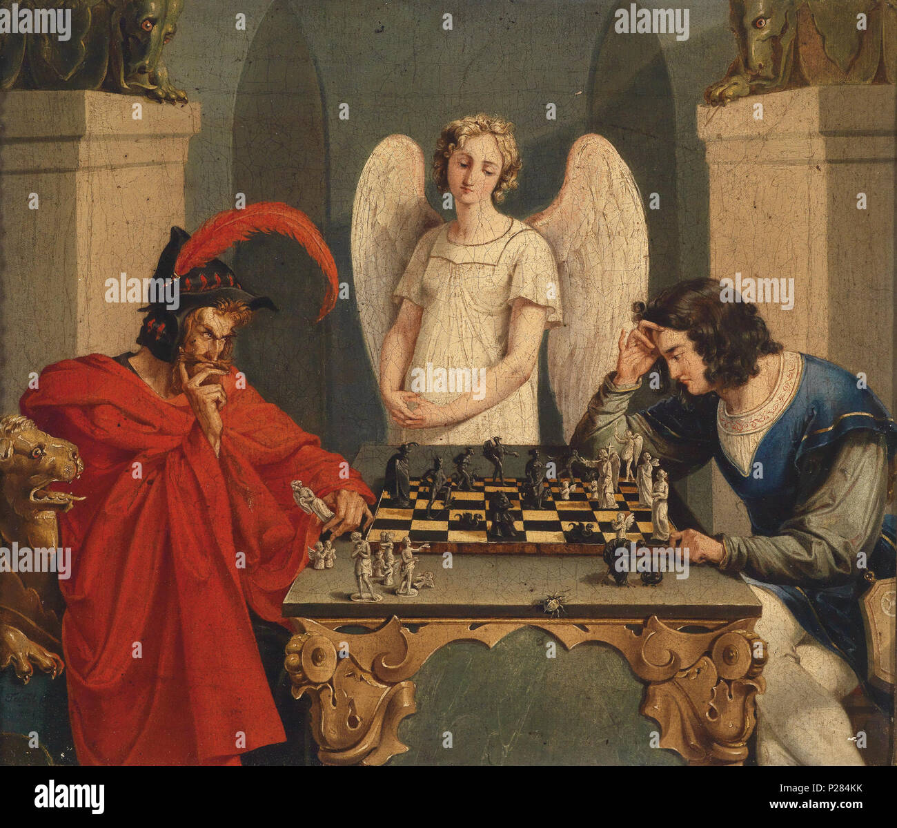 . Faust und Mephisto beim Schachspiel, Öl auf Leinwand, 29 x 34 cm . Xix secolo. Anonimo 123 Faust und Mephisto beim Schachspiel 19JH Foto Stock
