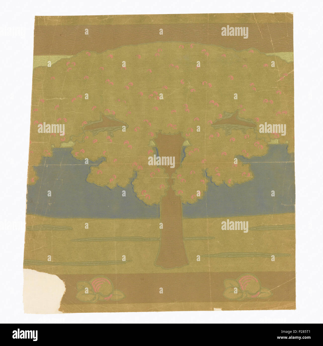 . Inglese: fregio (Francia), 1898 . Inglese: un paesaggio panoramico confine con una fila di rigogliosi alberi da frutto, ciascuno dei quali è identico e ogni albero ha un frutto caduto sul terreno sottostante. Il design è stilizzata e simula il lavoro stencil. . 1898 126 fregio (Francia), 1898 (CH) 18565285 Foto Stock