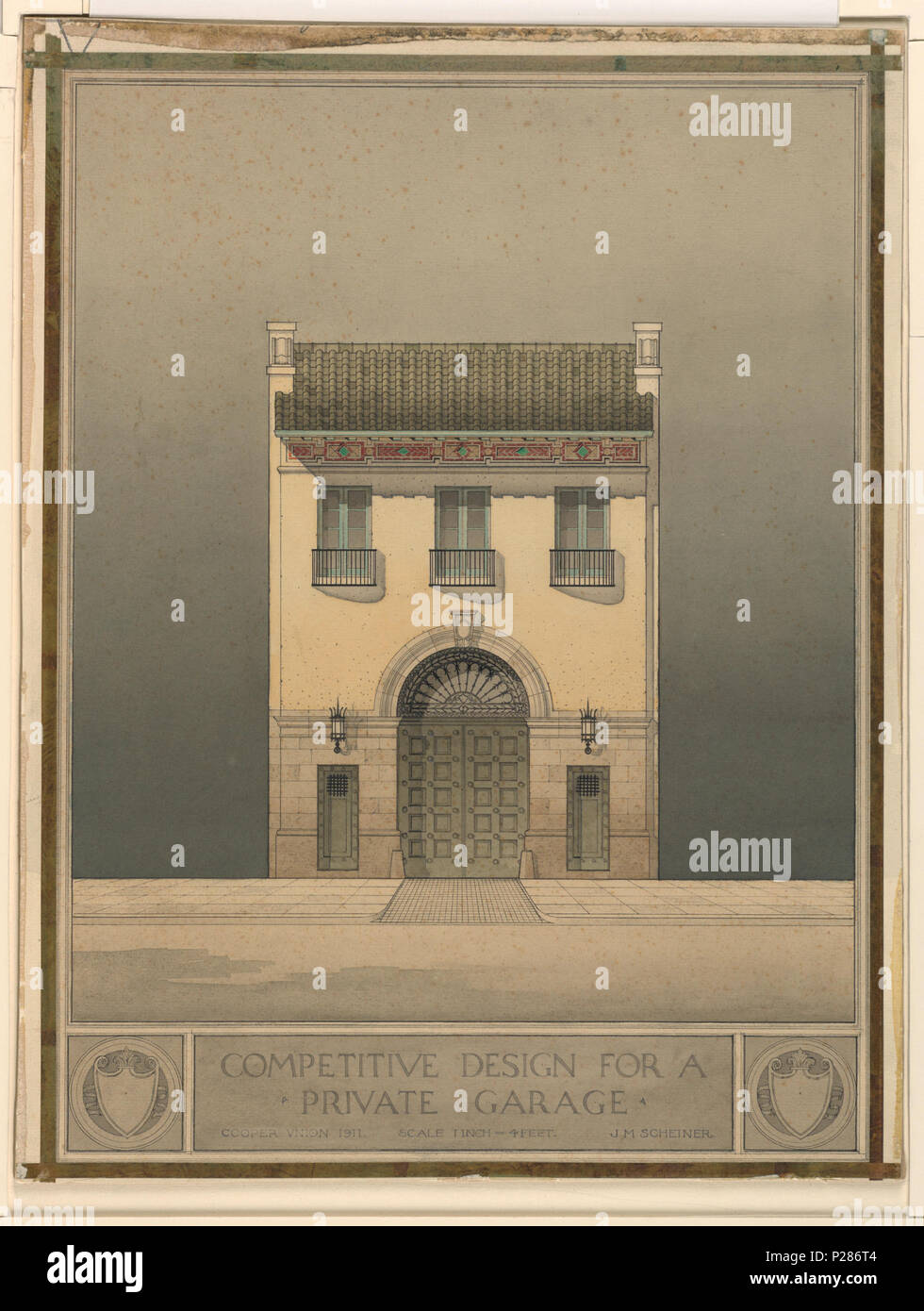 . Inglese: Disegno, Design competitivo per un garage privato., 1911 . Inglese: un rettangolo verticale. Mostra in elevazione una porta ad arco affiancato da porte laterali con le luci su di essi. Singola superiore piano presenta tre finestre ricurva con ringhiere in ferro. Di seguito: "COMPETITIVA DESIGN PER UN / GARAGE PRIVATO / Cooper Union 1911 -- Scala 1 pollice equivale a 4 piedi - J. M. Scheiner.' incorniciatura di inchiostro linee. . 1911 99 Disegno, Design competitivo per un garage privato., 1911 (CH) 18443899 Foto Stock