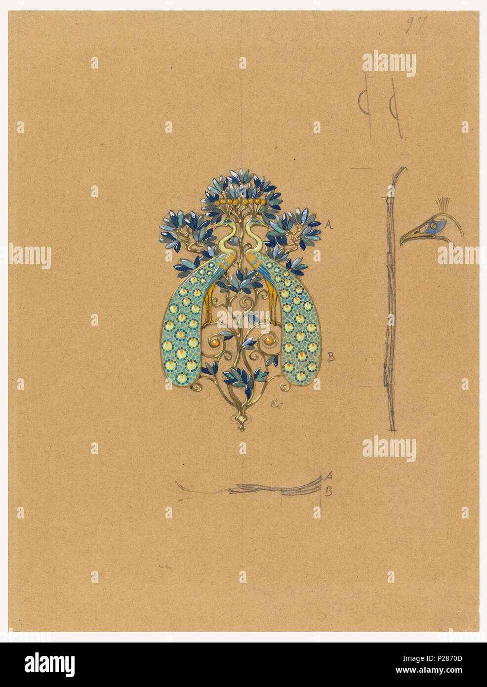 . Inglese: il disegno di una fibbia con Peacock Motif, 1900 . Inglese: Progettazione utilizza double addorsed pavoni su entrambi i lati dell'albero ornamentale di vita; profilati in grafite anche mostrato a destra e in basso e il dettaglio del peacock profilo testa al centro destra. . 1900 99 il disegno di una fibbia con Peacock Motif, 1900 (CH) 18384867 Foto Stock