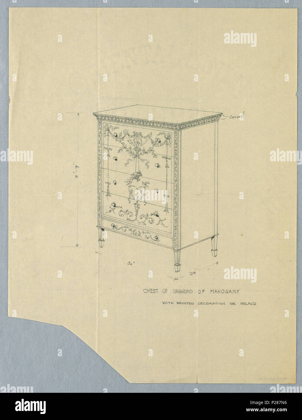 101 il disegno per cassettiera in mogano e piuma di mogano con motivi neoclassico, 1900-05 (CH) 18681227 Foto Stock