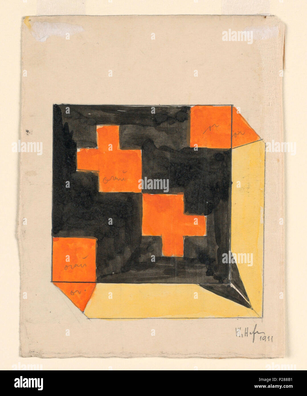 . Inglese: Disegno, Design per i tessili in arancione, nero e giallo, 1911 . Inglese: un rettangolo verticale. Il design tessile come visto da sopra. Sulla parte superiore del tessile, orange piazze agli angoli inferiore sinistro e superiore destro e due di colore arancione a motivi geometrici, conformata circa a croce greca, nel centro di massa nero. Le forme triangolari in arancio e nero su giallo riempire i bordi. Sul verso: design tessile visto dalla parte superiore con incrocio diagonale verde e arancione bande sulla massa di colore giallo. Il lato destro e inferiore del tessile visibile anche con il proseguimento di Orange e fasce verdi su giallo terra. . 1911 10 Foto Stock