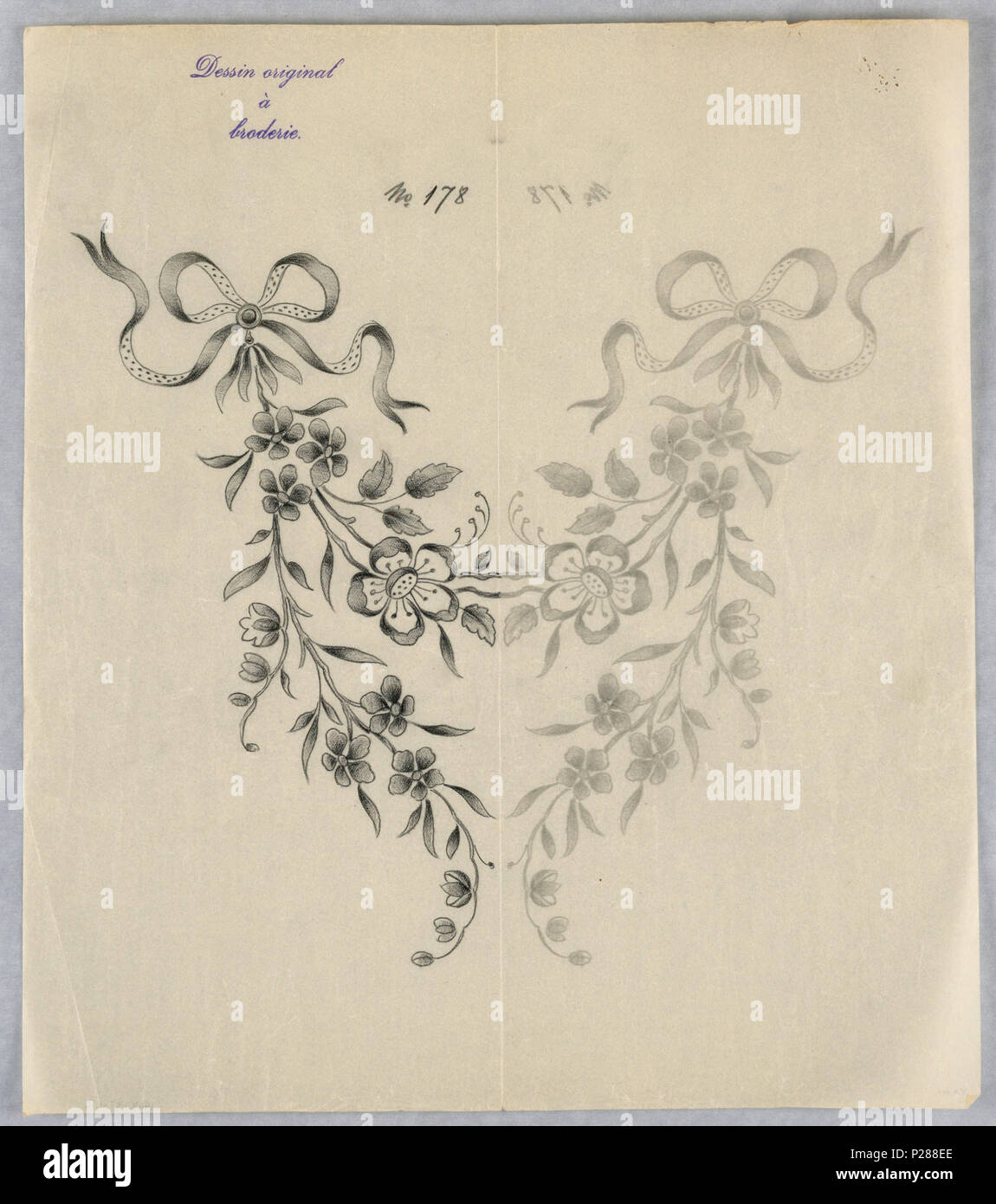 . Inglese: Disegno, disegni per ricamo, ca. 1890 . Inglese: un rettangolo verticale. Progetta di astratta motivi floreali per pannelli e frontiere. Ogni disegno stampigliato sulla parte superiore: 'Dessin originale a broderie. disegni numerati 178 (K) . circa 1890 104 Disegno, disegni per ricamo, ca. 1890 (CH) 18446689 Foto Stock