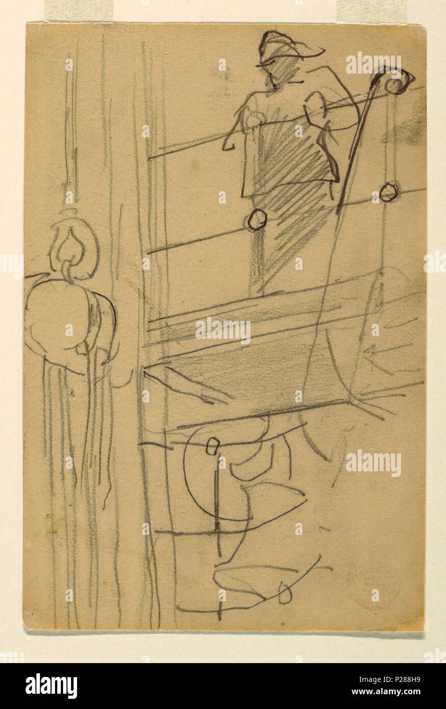 . Inglese: disegno, la Figura in incerato a una nave la ringhiera, probabilmente 1895 . Inglese: vista verticale di un uomo in un cappello e incerato sta in piedi in una nave la ringhiera, con un blocco o un paranco a sinistra. . Probabilmente 1895 104 disegno, la Figura in incerato a una nave la ringhiera, probabilmente 1895 (CH) 18174673 Foto Stock