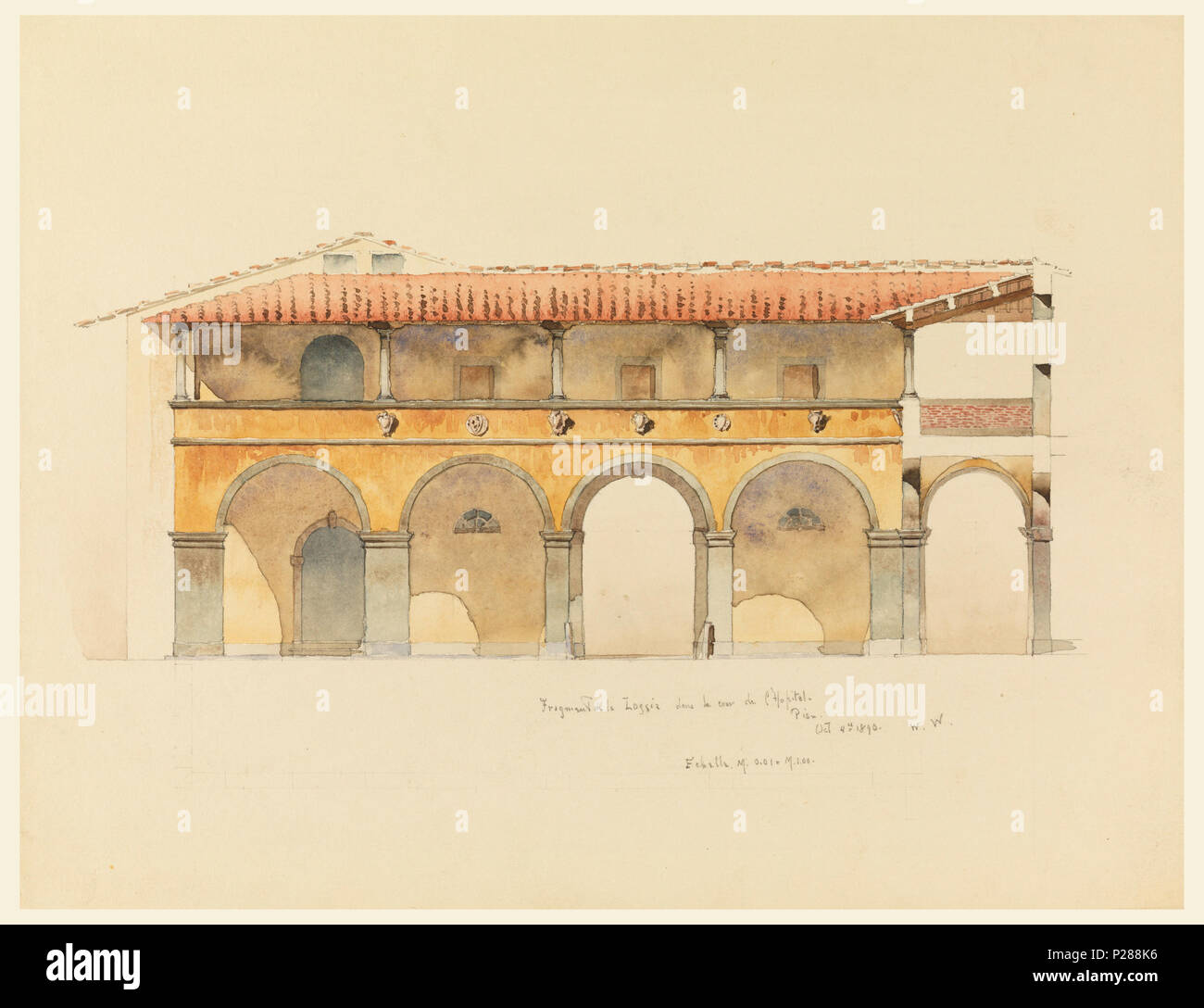 . Inglese: Disegno, Frammento de la Loggia dans la cour de l' Hopital, Pisa, 4 ottobre 1890 . Inglese: parte di un edificio a due piani con archi e pilastri; parete dipinta di giallo con un tetto rosso. . 4 Ottobre 1890 104 Disegno, Frammento de la Loggia dans la cour de l' Hopital, Pisa, 4 ottobre 1890 (CH) 18570049 Foto Stock