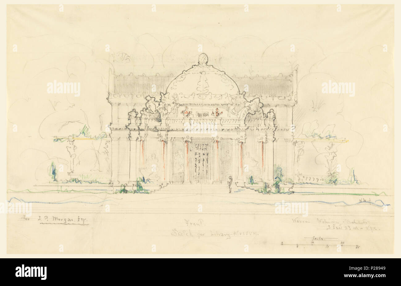 . Inglese: Disegno, vista in alzato frontale, J. Pierpont Morgan Library, New York, 1900 . Inglese: vista frontale in elevazione di un edificio a cupola con quattro colonne fiancheggiano un portale centrale. Scala: in grafite, in basso a destra. . 1900 105 disegno Vista in elevazione frontale, J. Pierpont Morgan Library, New York, 1900 (CH) 18570329 Foto Stock