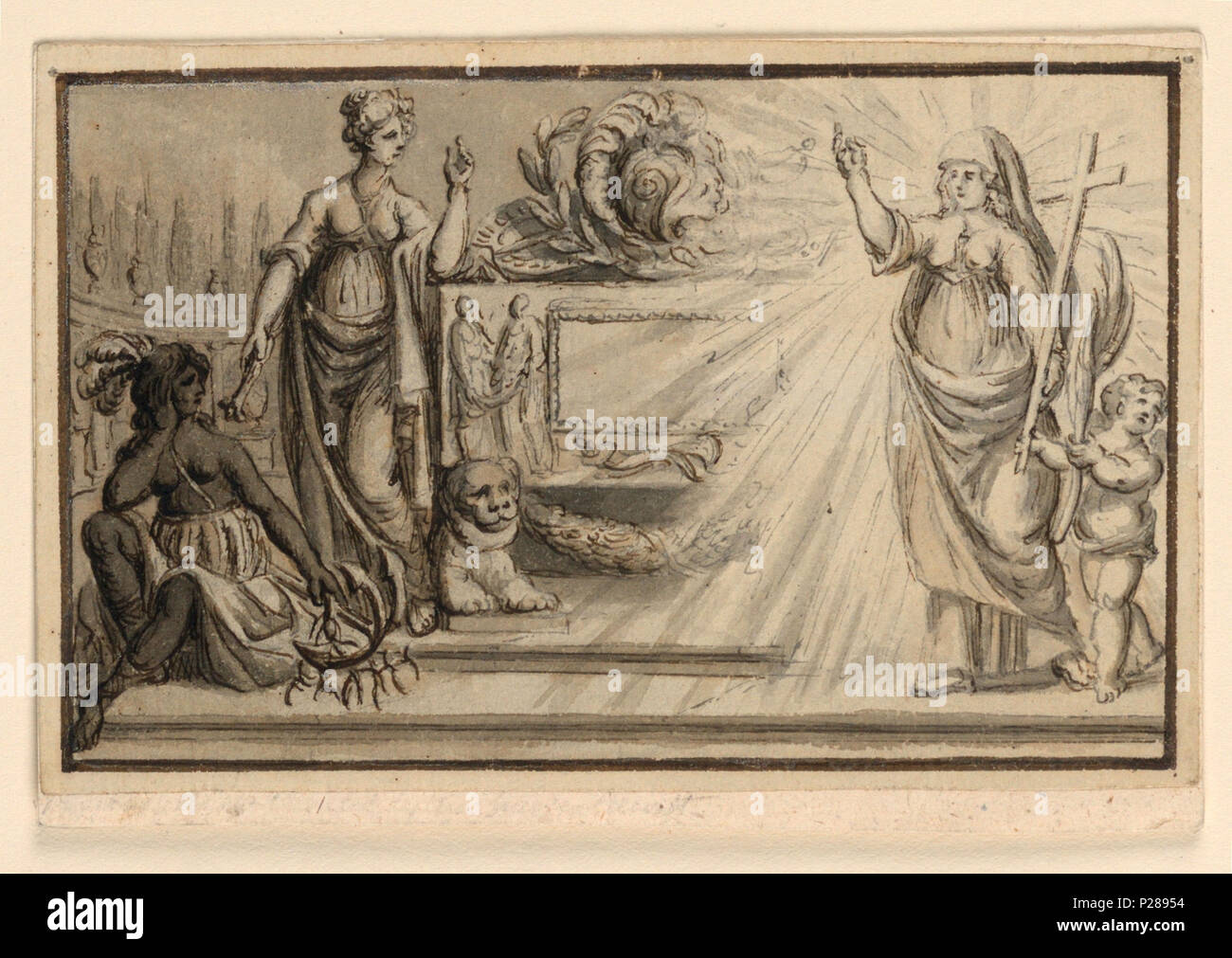 . Inglese: Disegno, glorificazione dell attività missionaria . Inglese: rettangolo orizzontale. La parte di sinistra di un sarcofago è mostrato, in piedi su una piattaforma in un cimitero. Una donna si appoggia su di essa. Ella punti con una mazza a savage donna seduta sui gradini e guarda " chiesa " o " religione " avvicinando in una gloria. Accanto a lei cammina un angelo tenendo la fine della croce ed un ramo di palma. Linea di framing. . Prima del 1901 (acquisita data) 105 Disegno, glorificazione dell attività missionaria (CH) 18115069 Foto Stock