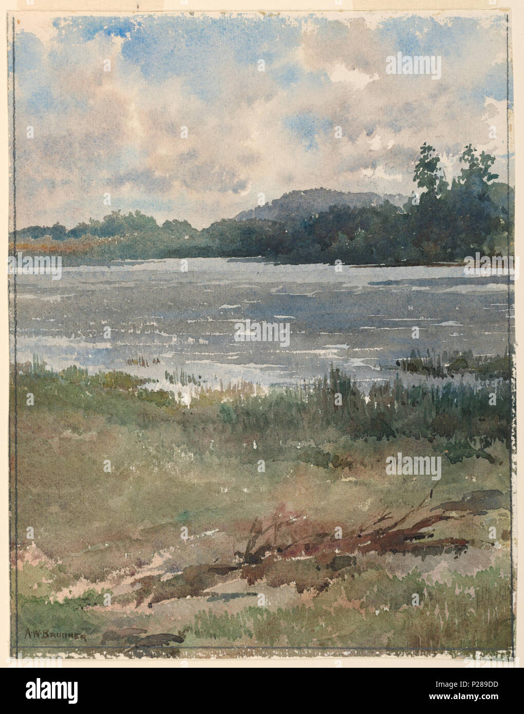 . Inglese: Disegno, paesaggio lacustre, ca. 1890 . Inglese: vista da riva erbosa in primo piano, di un lago con alberi e fogliame denso su lontano shore e basse colline in background. Parzialmente nuvoloso cielo blu sopra. . Nel 1890 circa 105 Disegno, paesaggio lacustre, ca. 1890 (CH) 18610431 Foto Stock