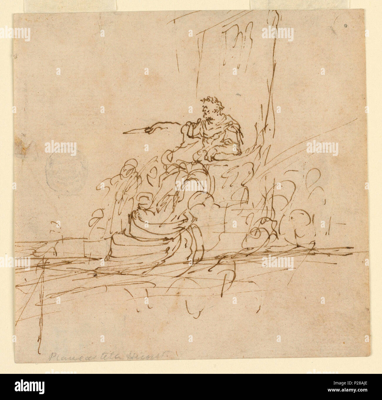. Inglese: Disegno, seduto, coronato la figura rivolta verso l'esterno . Inglese: una figura maschile, indossando una corona e seduto su un grande, alto-backed sedia o gettato, si estende completamente il suo braccio destro e punti. . Prima del 1901 (acquisita data) 107 Disegno, seduto, coronato la figura rivolta verso l'esterno (CH) 18119275 Foto Stock