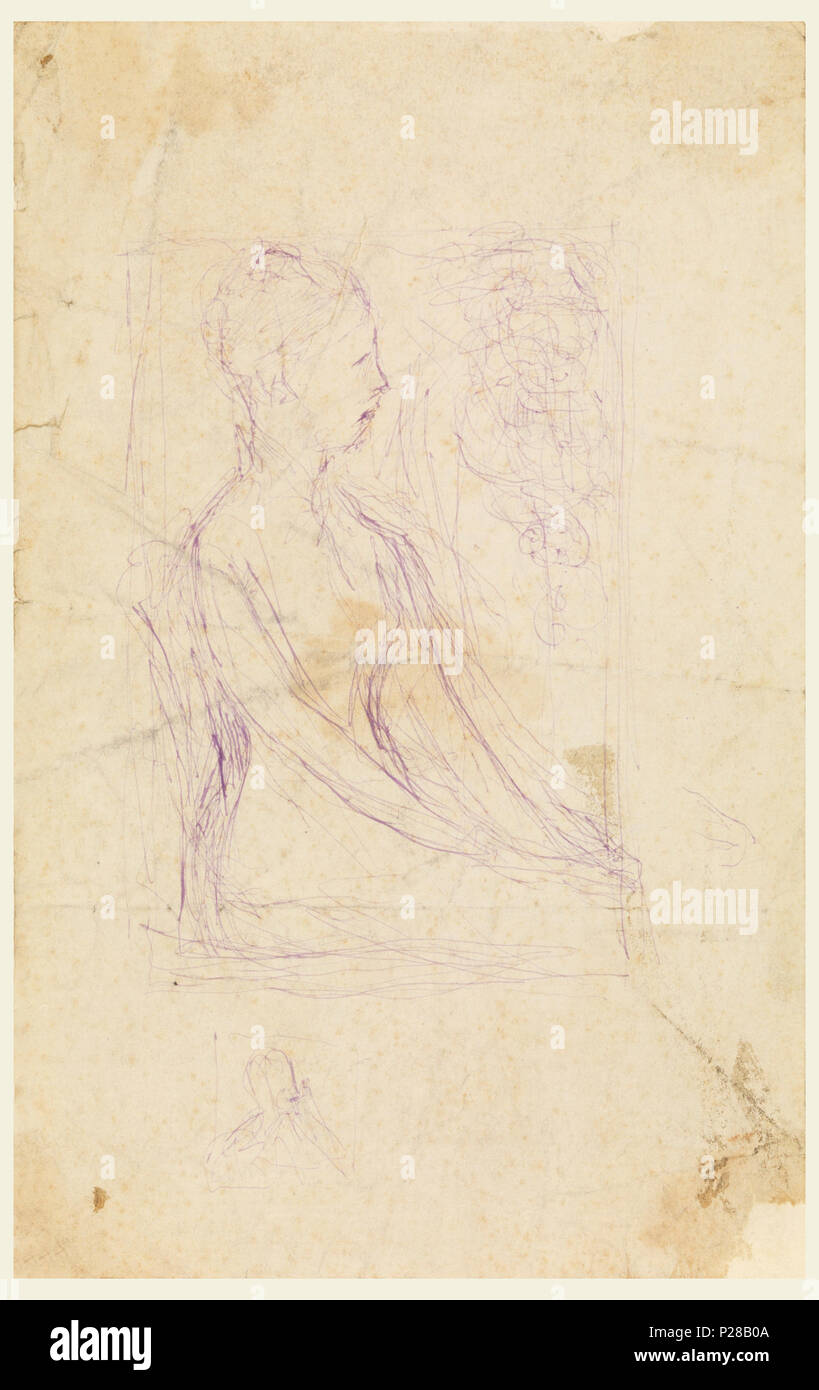 . Inglese: disegno, lo studio per la violetta Sargent targa di bronzo nell'Art Institute of Chicago, 1890 . Inglese: giovane donna, tre quarti di lunghezza, seduto con la testa di profilo, rivolta a destra; le mani in giro. Racchiuso nel rettangolo con il riempimento delle linee curve nell'angolo superiore destro. In seguito nella piccola piazza, un busto con testa in vista in tre quarti a destra. . 1890 108 disegno, lo studio per la violetta Sargent targa di bronzo nell'Art Institute of Chicago, 1890 (CH) 18345343 Foto Stock