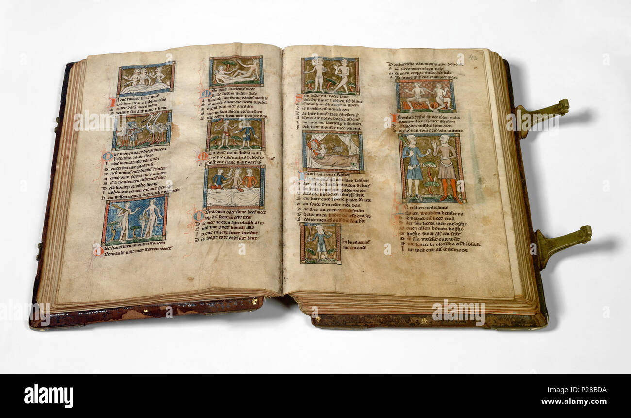 . Der naturen bloeme - Jacob van Maerlant - KB KA 16 - visualizzazione 3D di folio 0420v (sinistra) e 043R (destro) . Visualizzazione 3D lato sinistro folio 042v e destra folio 043r da Der naturen bloeme (KB KA 16) da Jacob van Maerlant miniature a sinistra folio 042v gara di donne con cane i denti i pigmei persone con code selvaggi persone i cui occhi brillano di notte la gente che vive di carne cruda e miele vedere queste miniature sul sito web della KB: Volk van vrouwen incontrato hondengebitten - PygmeeÃ"n - Volk incontrato staarten - Wildemannen - Volk dat 's nachts stralende Foto Stock