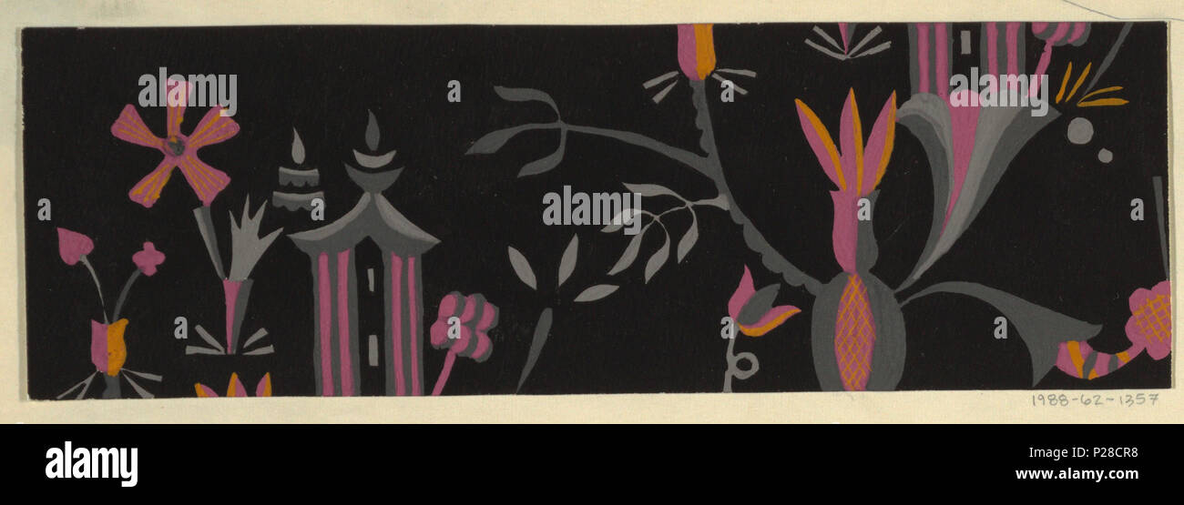 . Inglese: Disegno, Design Tessile: Li-tai-po, 1919 . Inglese: sulla terra nera, vista parziale di Chinoiserie un brano con design floreale di ramificazione e forme vegetative con una pagoda-come struttura di edificio in arancione, rosa e i toni di grigio. . 1919 109 Disegno, Design Tessile- Li-tai-po, 1919 (CH) 18629657 Foto Stock