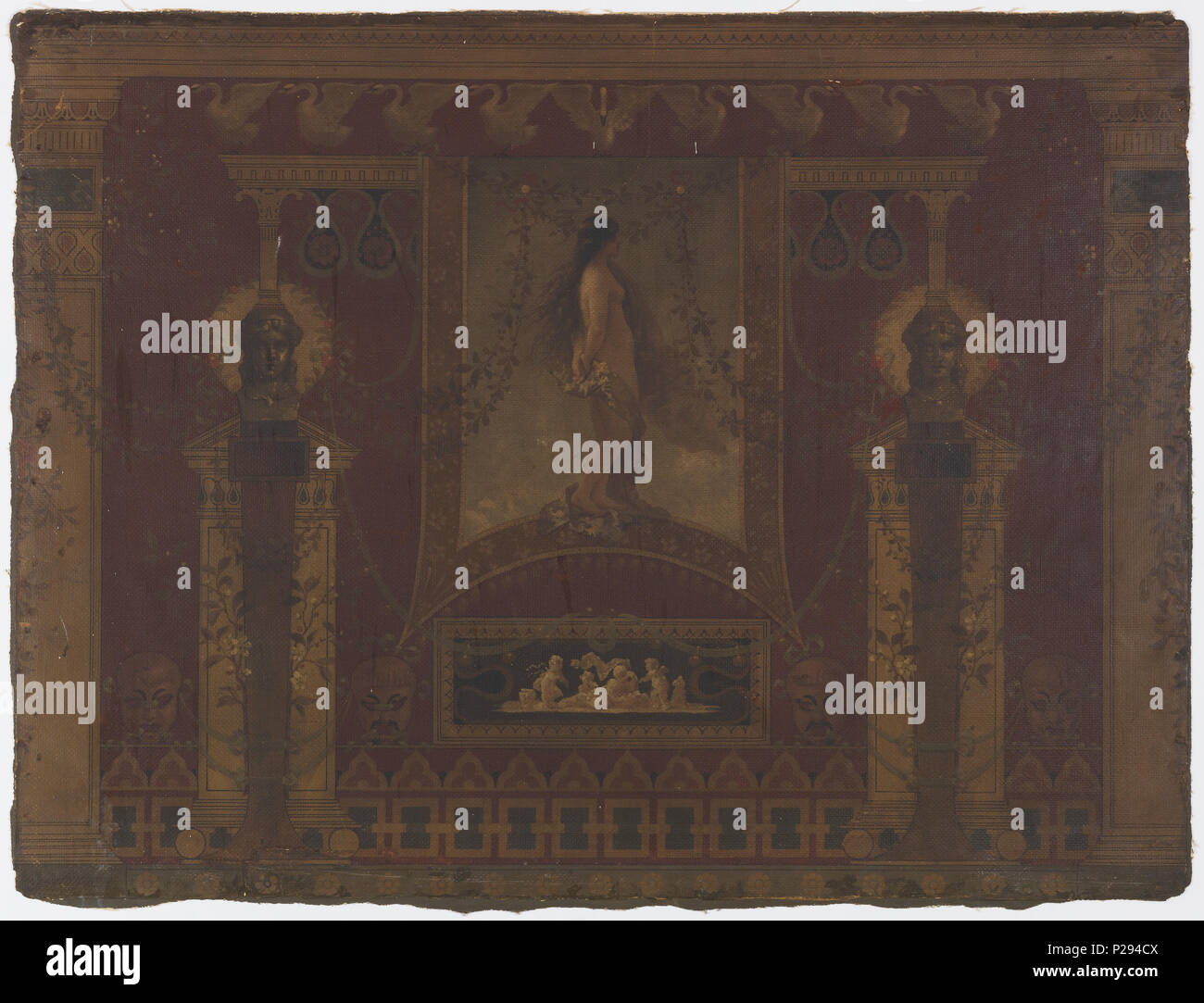 . Inglese: fregio (USA), ca. 1890 . Inglese: dipinti a mano. Vista laterale di una ninfa enframed in una blasonata del rettangolo supportato da un fregio di putti. Su entrambi i lati sono le colonne di supporto busti femminili. Nella parte superiore una fascia orizzontale di battenti cigni, maschere, sul fondo di una banda di legato di rettangoli e archi di trifoglio. . Nel 1890 circa 129 fregio (USA), ca. 1890 (CH) 18344987 Foto Stock