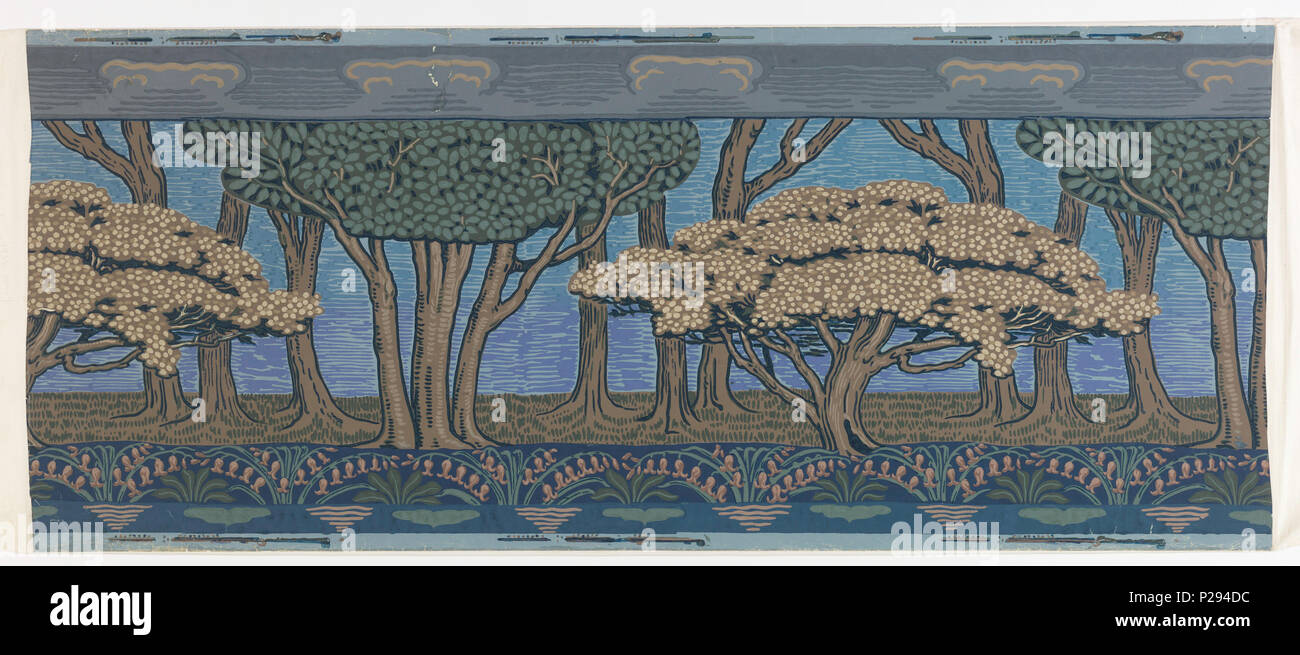 . Inglese: fregio, può Tree, 1896 . Inglese: Paesaggio fregio con grandi alberi stilizzati, cuscinetto alcuni fiori gialli, nella terra di mezzo. Banda di tan fiori blu sulla terra attraverso il bordo inferiore. Convenzionati nubi sulla terra grigio attraverso il bordo superiore. . 1896 129 fregio, può Tree, 1896 (CH) 18402909 Foto Stock