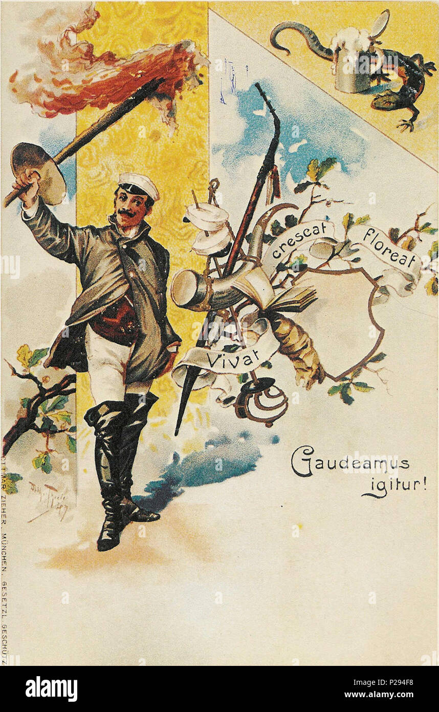 . Gaudeamus igitur . Deutsch: Couleurpostkarte mit Motiven studentischen inglese: scheda postale con i simboli della tradizionale tedesco la vita degli studenti. Due iscrizioni in latino: "Gadeamus igitur' e 'vivat, crescat, Floreat' . 1898 132 Gaudeamus igitur 1898 Foto Stock