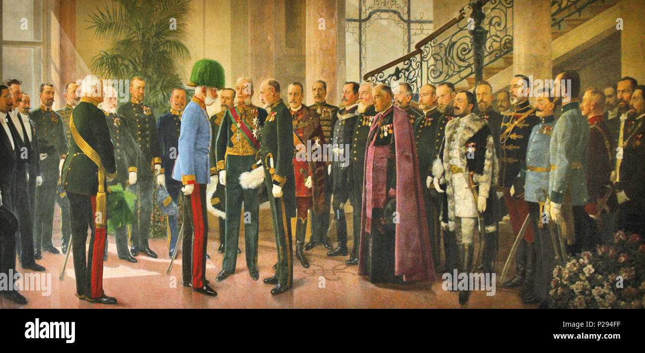 . Deutsch: Kaiser Franz Joseph besucht am 18. Aprile 1904 das kürzlich erbaute Haus-, Hof- und Staatsarchiv (Mitte: der Kaiser mit grünem Federhut, ihm gegenüber Archivdirektor Hofrat Dr. inverno Gustav, zwischen ihnen Außenminister Graf Goluchowski), Ausschnitt eines Wandgemäldes im Stiegenhaus des Haus-, Hof- und Staatsarchivs von Karl J. Peyfuss (vollendet 1908) inglese: il 18 aprile 1904 l'Imperatore Franz Joseph visite recentemente completato la famiglia, corte e archivi di Stato (centro: l'Imperatore con una verde cappello piumato; di fronte a lui: Archivio curatore inverno Gustav; tra di essi il estera M Foto Stock