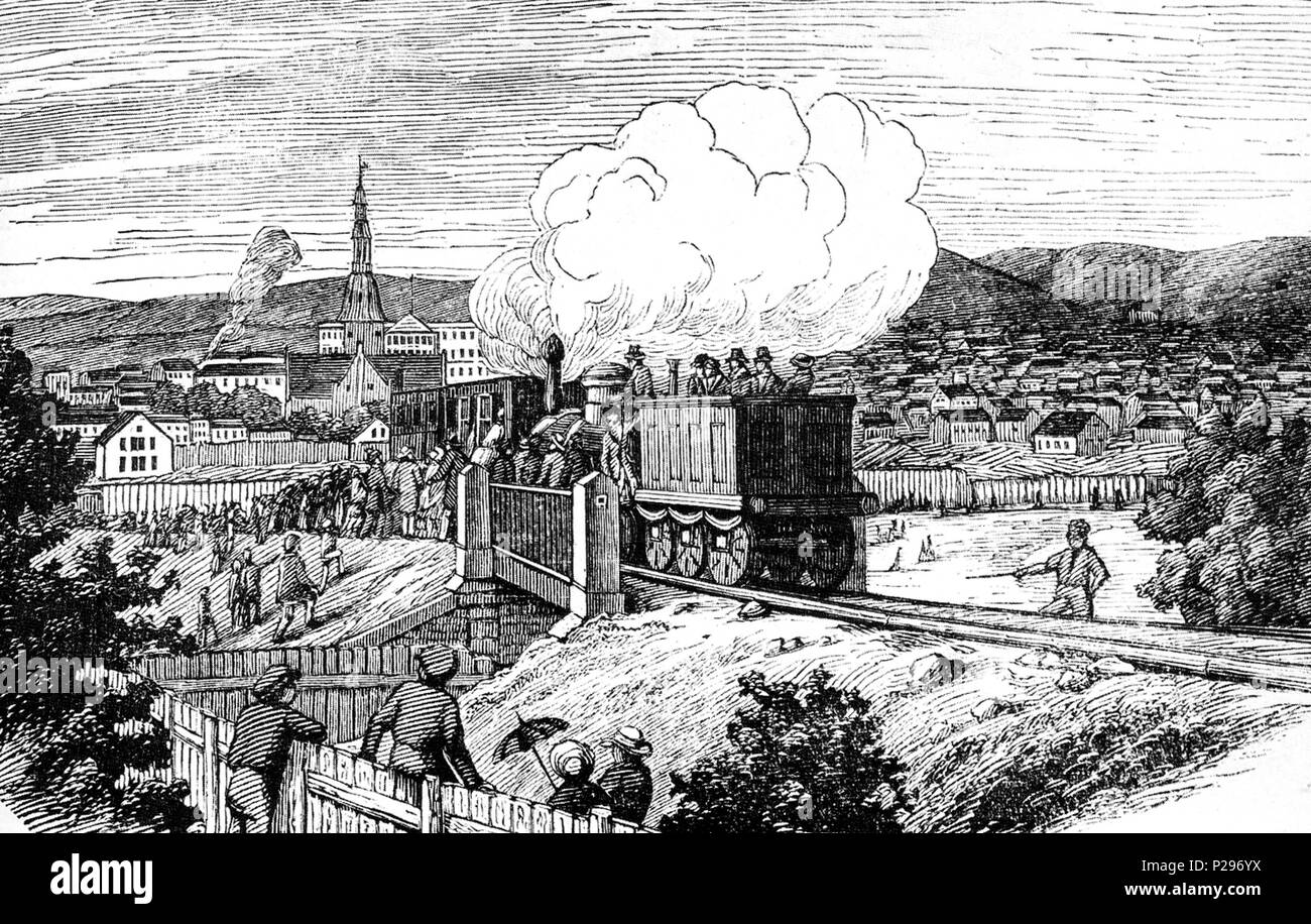 . Inglese: un xylograph della prima corsa di prova della ferrovia principale in Norvegia, quando è stato solo parzialmente completo, cioè le vie sono state stabilite da Oslo a Strømmen. 1853. non accreditati pubblicato nel 1853, è improbabile che qualsiasi artista sarebbe ancora in vita nel 1944. 152 Hovedbanen Norvegia prima corsa di prova 1853 Foto Stock