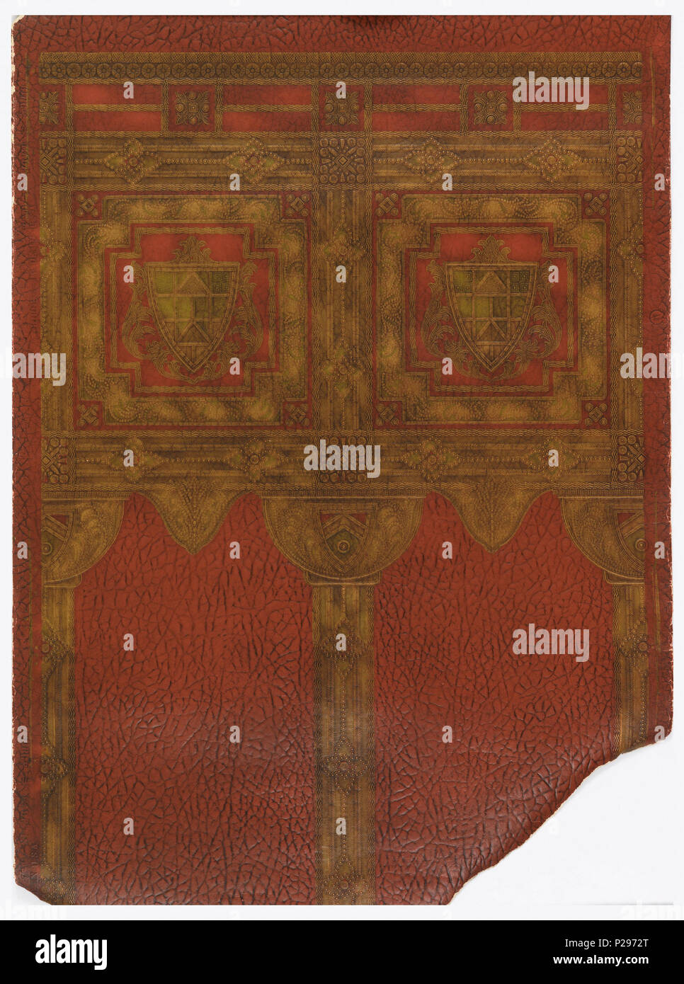 . Inglese: finta pelle (USA), 1912 . Inglese: carta goffrata Pelle similating, creando un effetto del pannello. Armorial scudi in fregio area nella parte superiore del campione. Stampato a colori e oro metallizzato su terra rossa. . 1912 155 finta pelle (USA), 1912 (CH) 18639443 Foto Stock