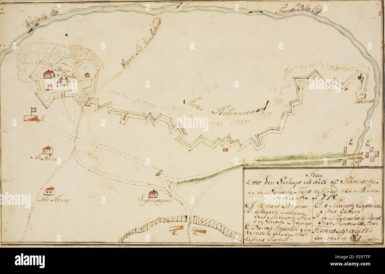 . Norsk bokmål: Kart fra Nasjonalbibliotekets kartsamling. Kartet er gitt ut mi Håndtegnet (1718) og viser Trøndelag, Jemtland. prima del 1718. Piano otenza den Fortrops ind Fald af Schvenschen og de Nordsche Trops retirad: ved Stenne Schantze ho 1718. 158 Jemtland, Verdal - no-nb krt 00498 Foto Stock