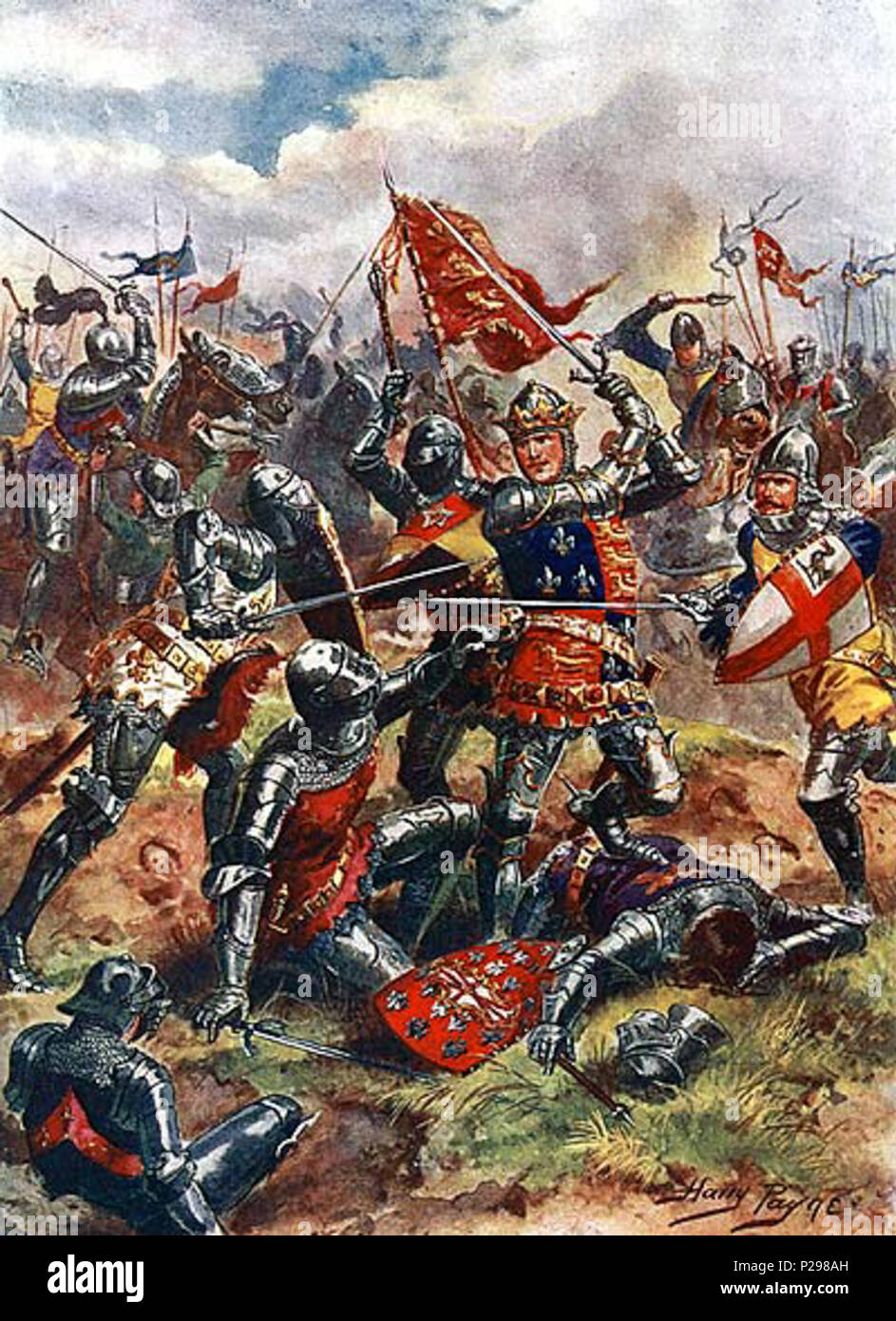 . Inglese: Re Enrico V alla battaglia di Agincourt : Il re indossa su questo surcoat Royal bracci di Inghilterra e tagliate in quarti con la Fleur de Lys della Francia come simbolo della sua rivendicazione al trono di Francia . 1915 [1]. Harry Payne (1858-1927) nomi alternativi Henry Joseph Payne Descrizione militare inglese illustrator Data di nascita e morte 8 Maggio 1858 23 Maggio 1927 Luogo di nascita Newington competente controllo : Q5671507 VIAF: 103083721 ULAN: 500161719 LCCN: no2009189691 RKD: 355892 WorldCat 167 Re Enrico V alla battaglia di Agincourt Foto Stock